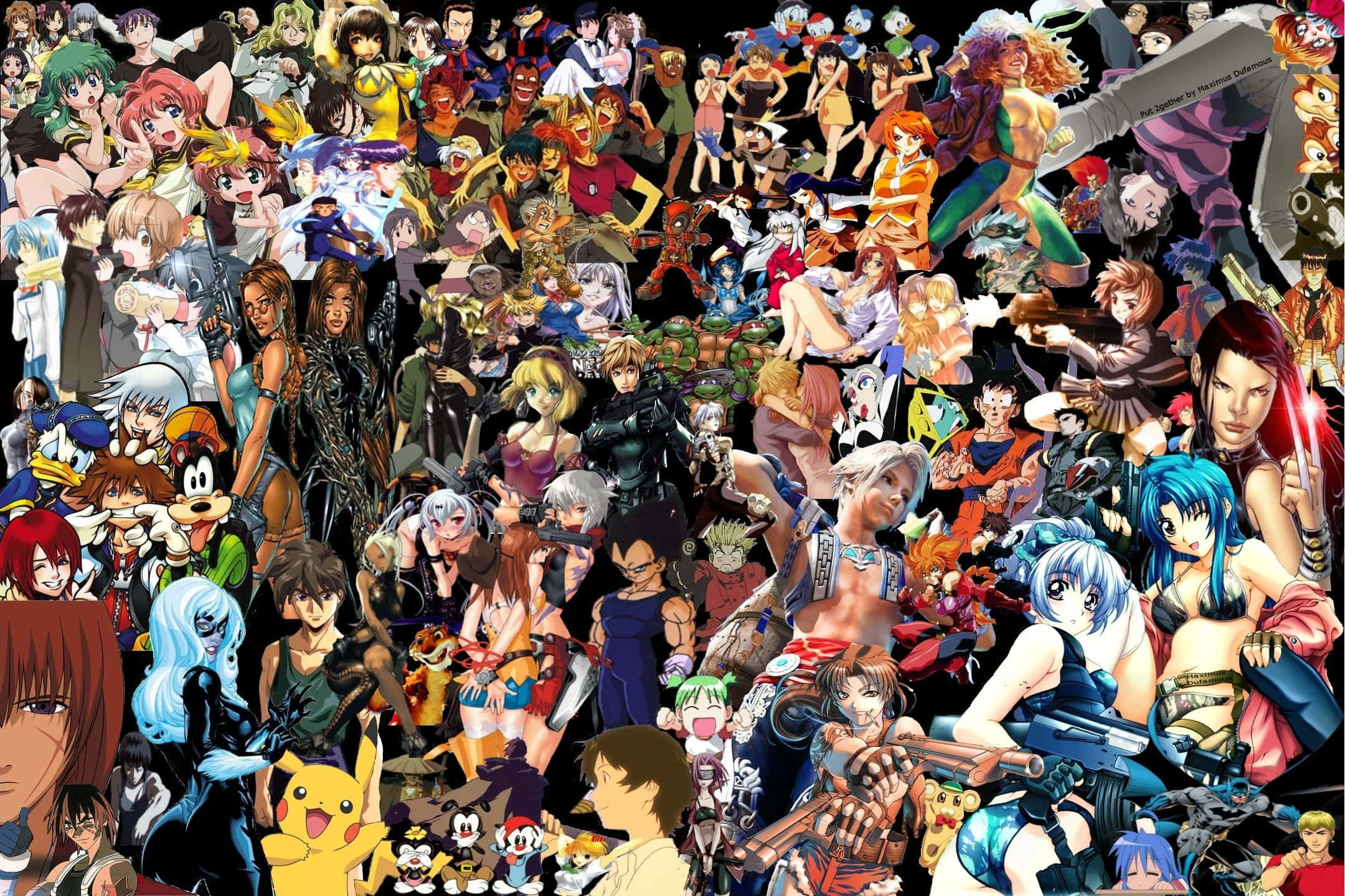 Anime Collage 桌布 壁紙 — 一幅充滿活力的拼貼畫，數百個動漫和卡通角色密密麻麻地排列在黑色背景上。