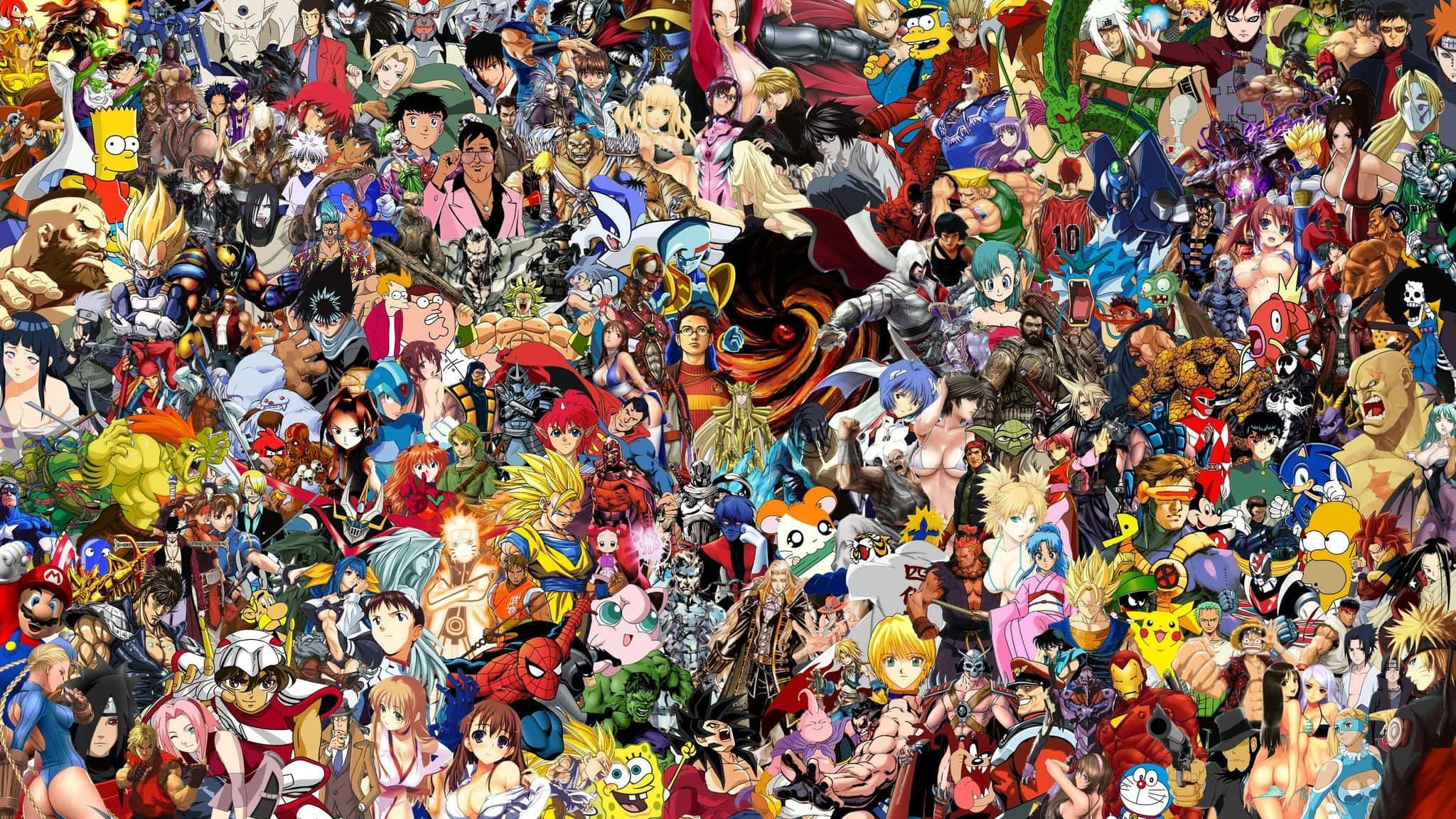 Manga Characters 桌布 壁紙 — 一幅充滿活力的拼貼畫，數百個動漫和卡通角色密密麻麻地聚集在一起，形成一場混亂的流行文化慶典。