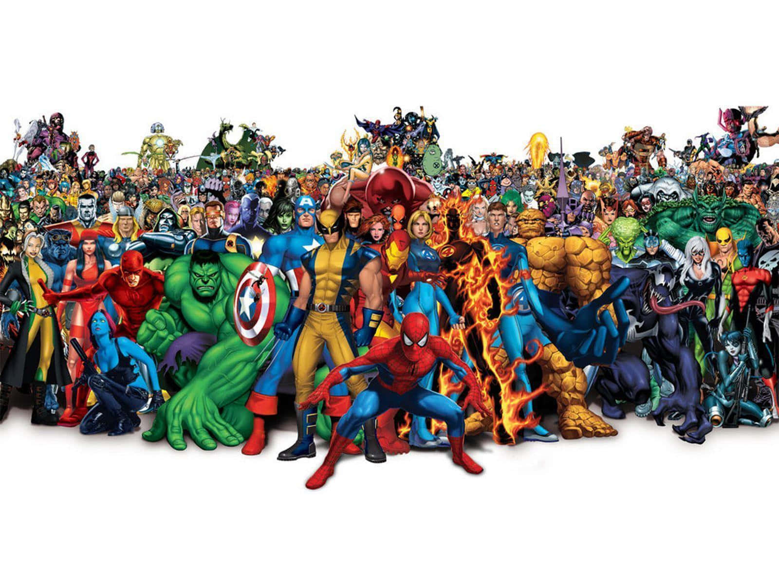 Animated Superhero Movies 桌布 壁紙 — 一幅充滿活力的拼貼畫，數百個漫畫書超級英雄和反派在純白背景下英勇擺姿勢。