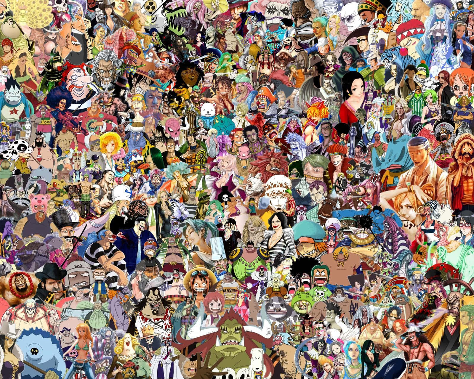 Anime Collage 桌布 壁紙 — 一幅充滿活力的拼貼畫，數百個航海王動漫角色密密麻麻地聚集在一起，形成一場混亂的粉絲慶典。
