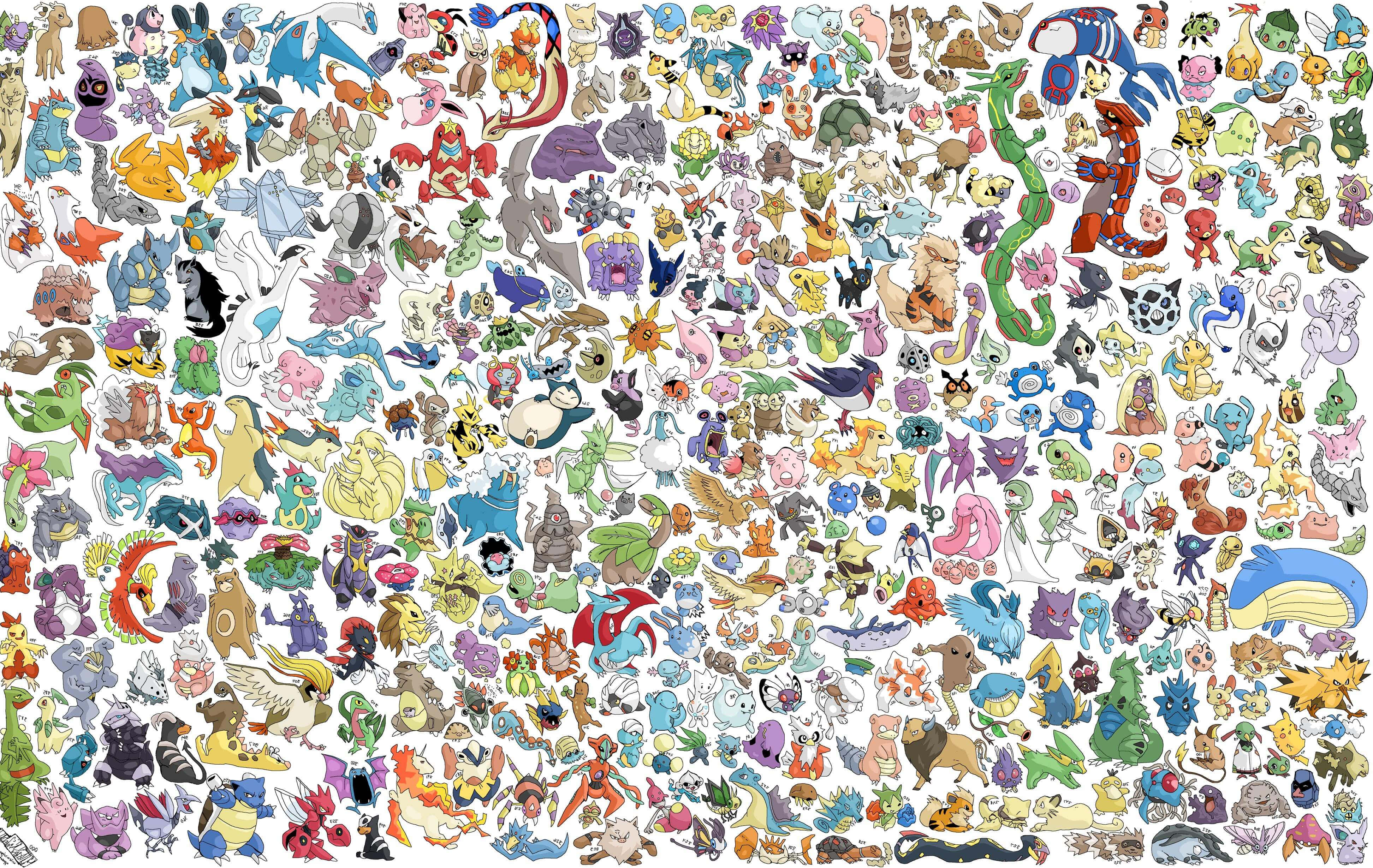 All Pokemon 桌布 壁紙 — 一幅充滿活力的拼貼畫，數百個色彩繽紛的寶可夢角色密集地排列在白色背景上。