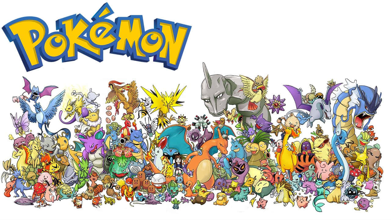 All Pokemon 桌布 壁紙 — 一幅充滿活力的拼貼畫，數百個色彩繽紛的寶可夢角色聚集在標誌性的黃色寶可夢標誌下。