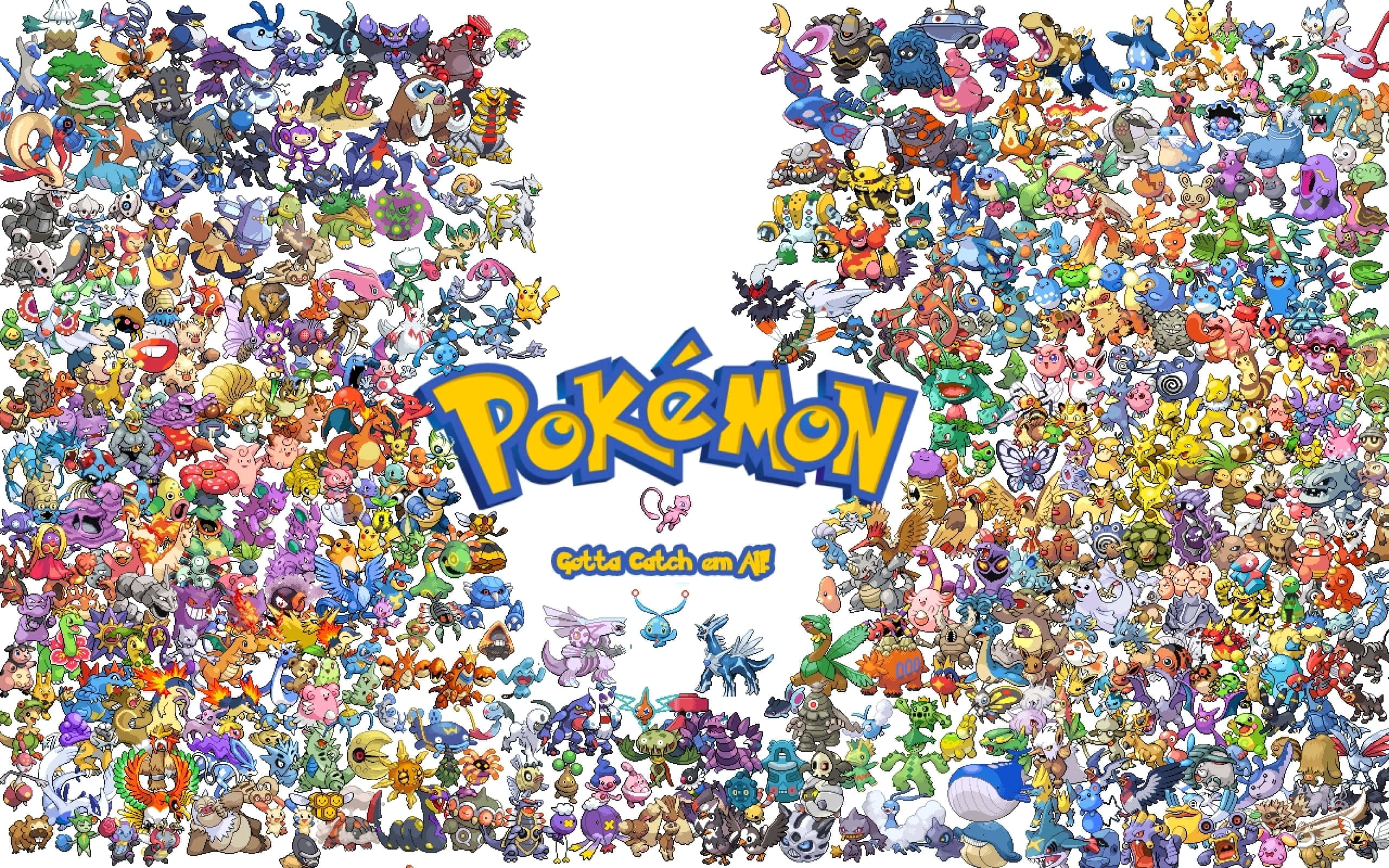 Pokemon Posters 桌布 壁紙 — 一幅充滿活力的拼貼畫，數百個色彩繽紛的 Pokémon 角色圍繞著標誌性的 Pokémon 標誌和口號「Gotta Catch em All」。