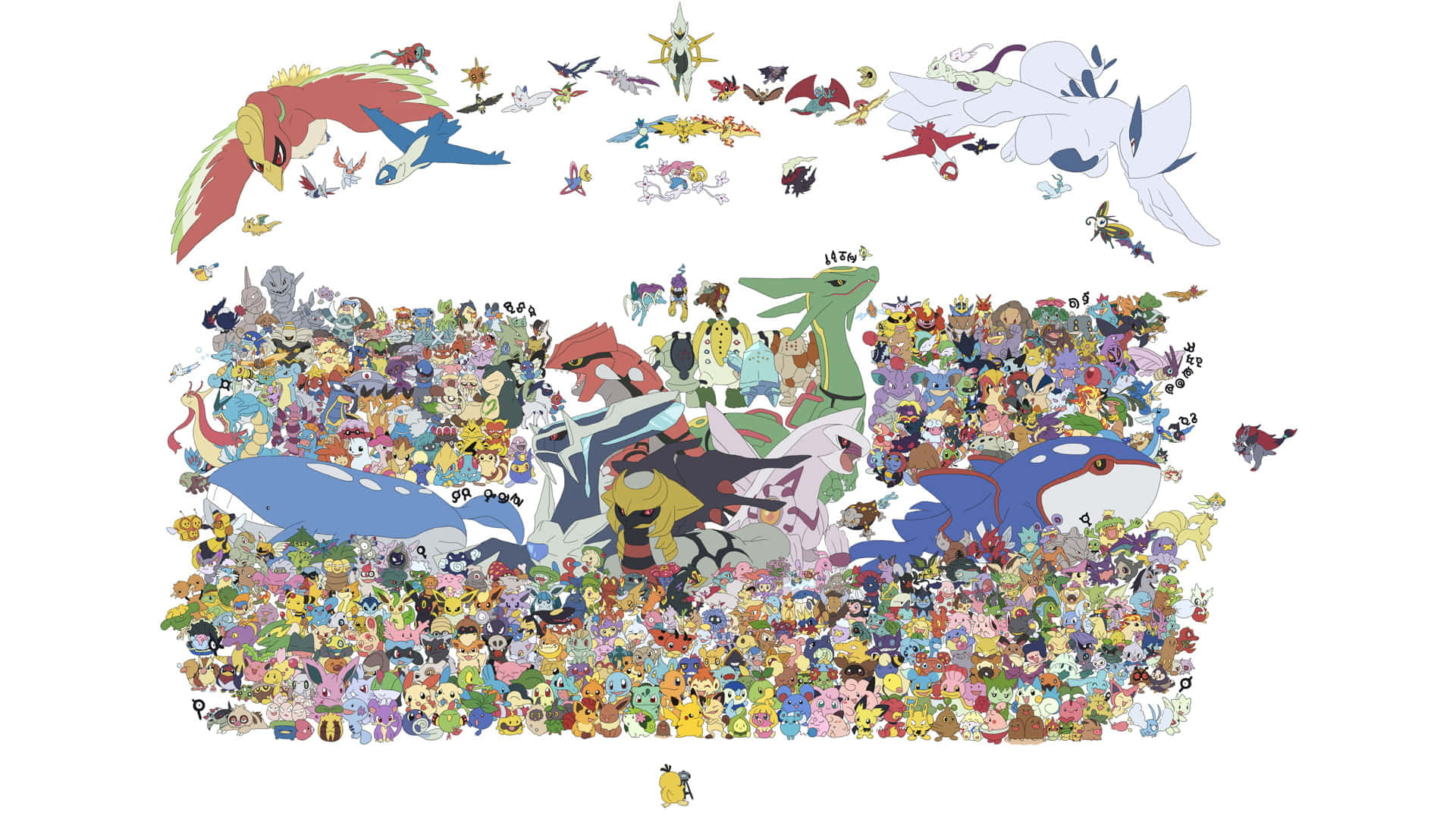 Salamence 桌布 壁紙 — 一幅充滿活力的拼貼畫，數百個色彩繽紛的寶可夢角色在純白背景上密集排列，形成慶祝的人群。