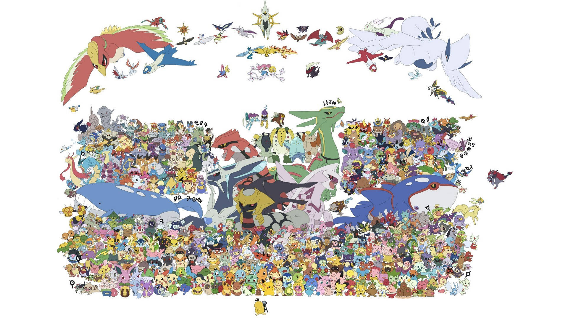 Dialga 桌布 壁紙 — 一幅充滿活力的拼貼畫，數百個色彩繽紛的寶可夢角色以密集、動態的構圖排列在純白色背景上。