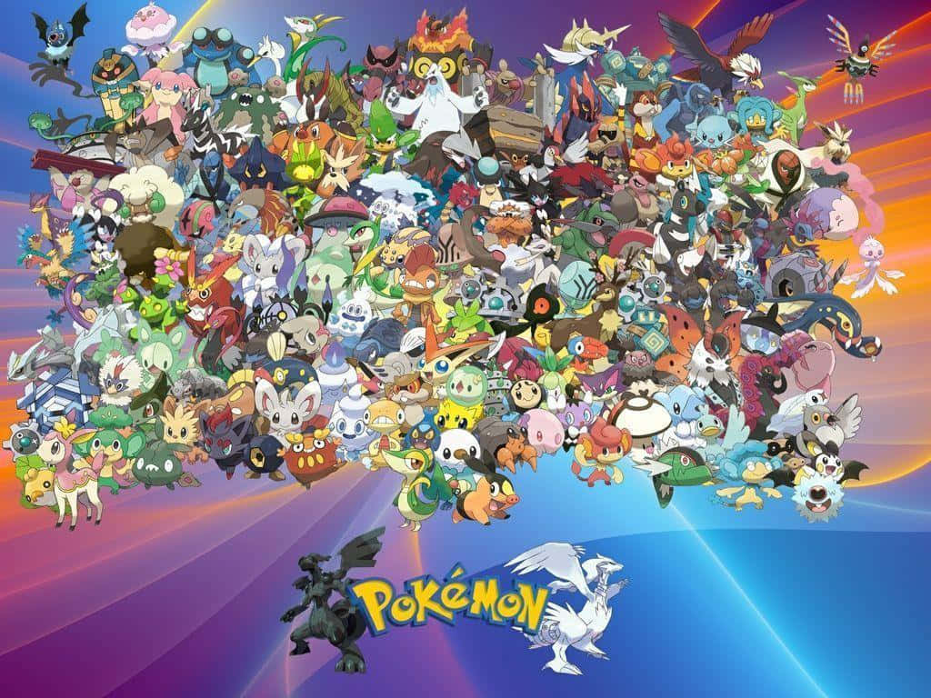 All Pokemon 桌布 壁紙 — 一幅充滿活力的拼貼畫，數百個色彩繽紛的寶可夢角色從閃耀的宇宙漸變背景中迸發而出。