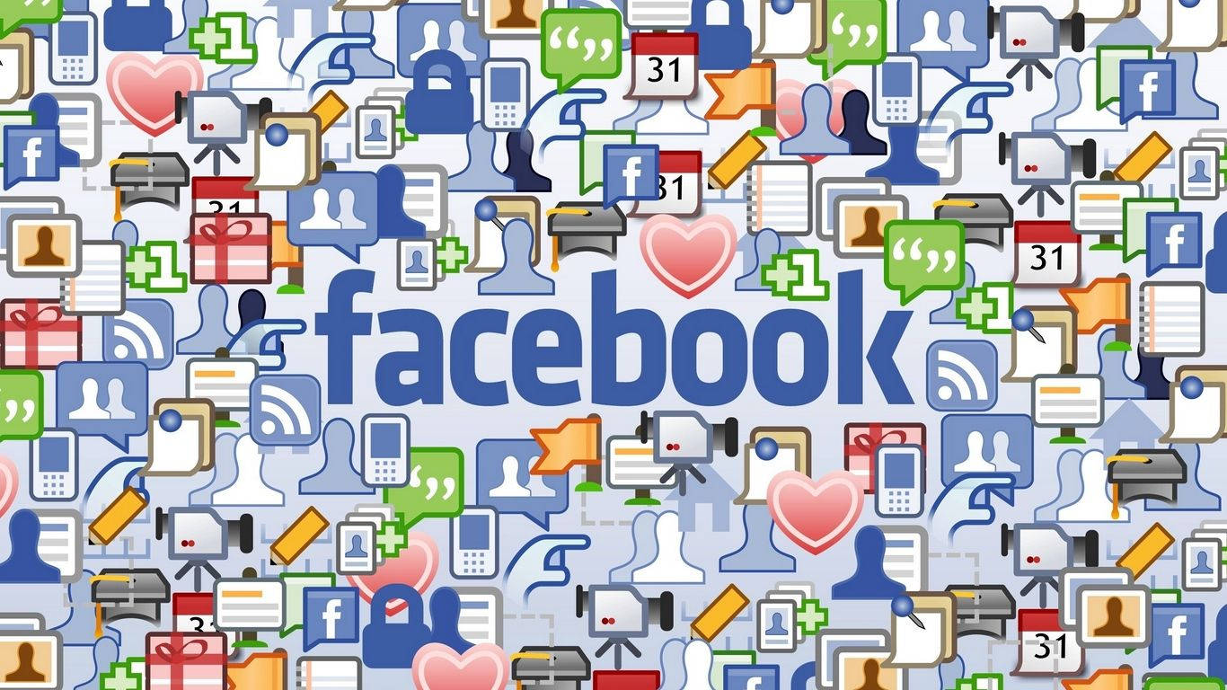 Facebook 桌布 壁紙 — 一幅充滿活力的拼貼畫，由Facebook圖示和符號密集地圍繞著中央的藍色Facebook標誌組成。