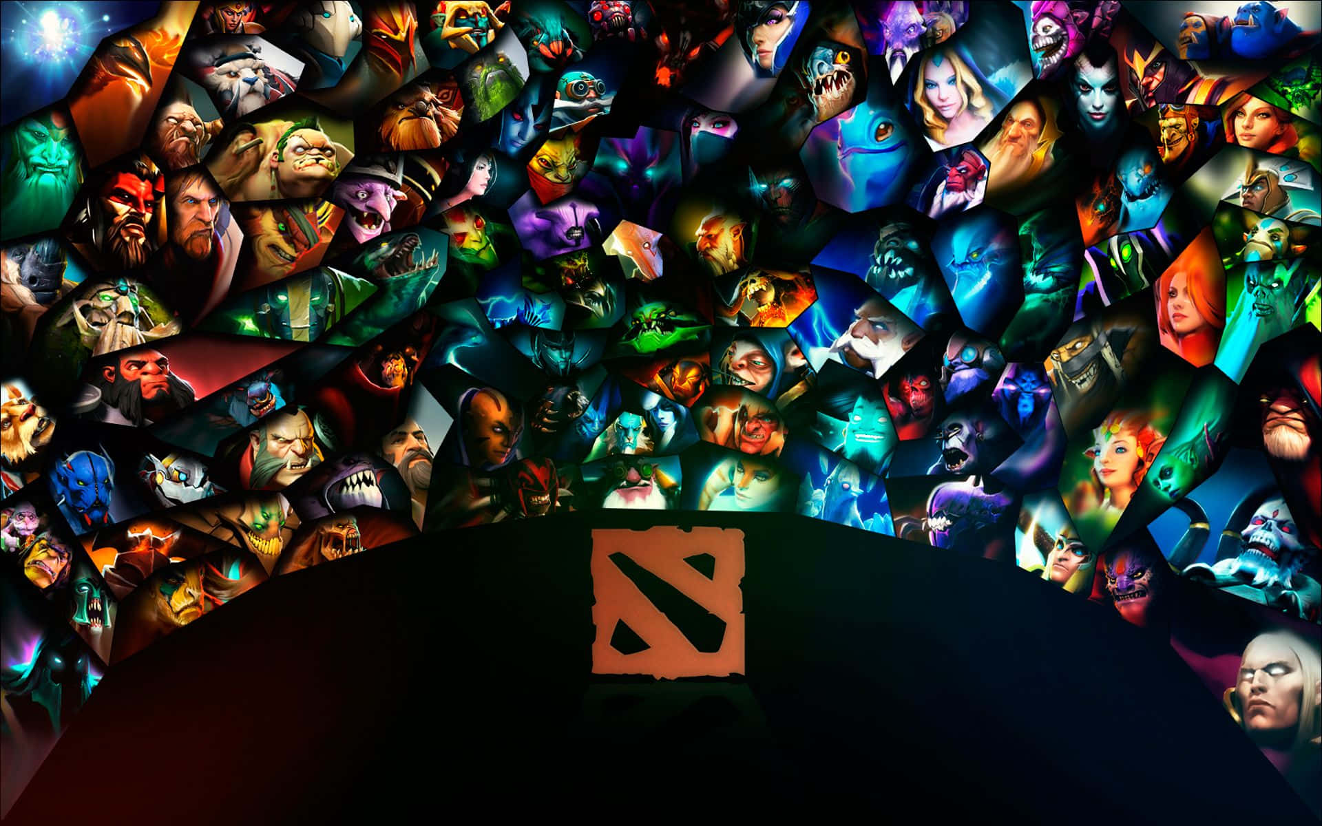 電玩遊戲 桌布 壁紙 — 一幅充滿活力的拼貼畫，由中央發光的Dota 2標誌向四周散發出各種奇幻角色。