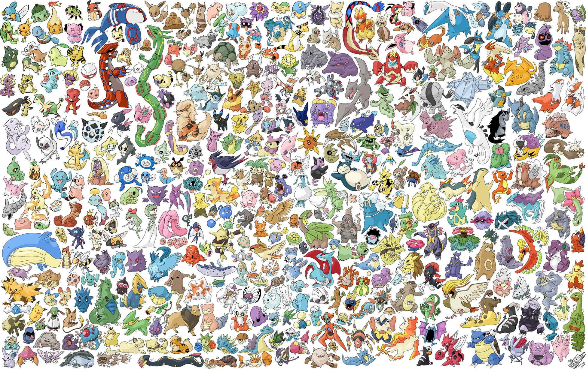 All Pokemon 桌布 壁紙 — 一幅充滿活力的拼貼畫，由數百個色彩繽紛的卡通怪物和生物密集地排列在白色背景上。