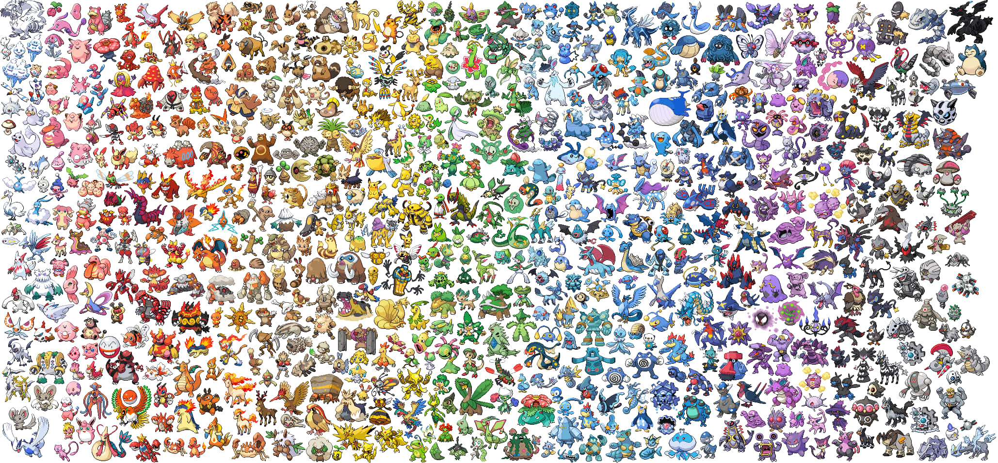 All Pokemon 桌布 壁紙 — 一幅充滿活力的拼貼畫，由數百個色彩繽紛的寶可夢角色在白色背景上緊密排列成網格狀。