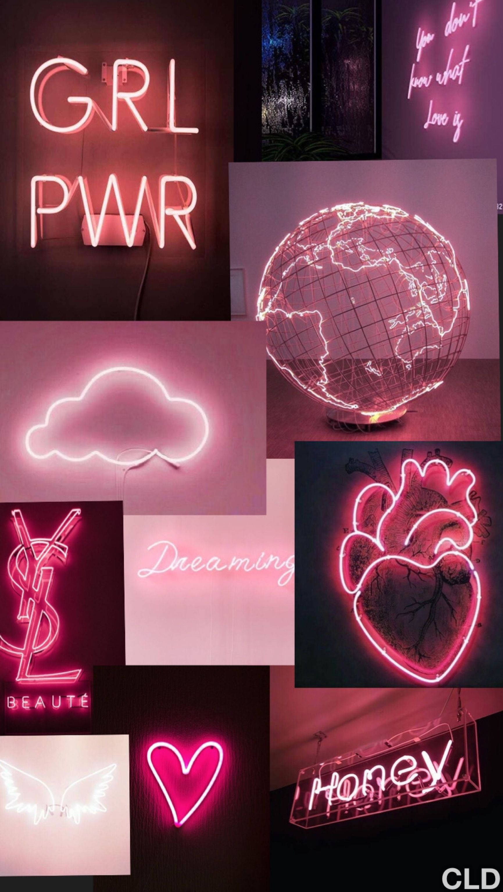Pink Neon Aesthetic 桌布 壁紙 — 一幅充滿活力的拼貼畫，粉紅色和紅色的霓虹燈牌上帶有心形、雲朵、地球和賦予力量的短語，在黑暗的牆壁上閃耀。
