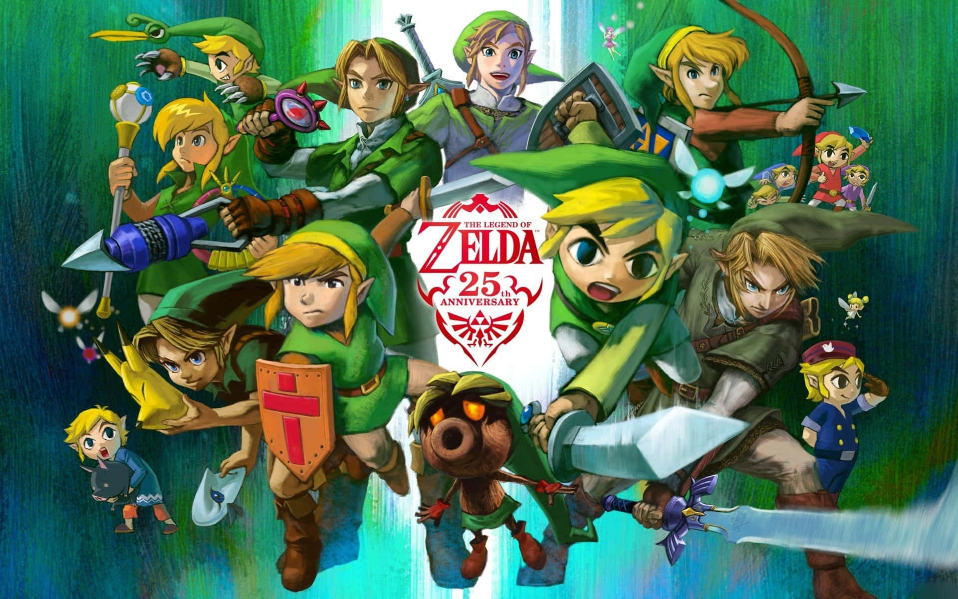 The Legend Of Zelda Characters 桌布 壁紙 — 一幅充滿活力的插圖，慶祝薩爾達傳說25週年，多個版本的林克和盟友在發光的綠色背景前擺出動態姿勢。