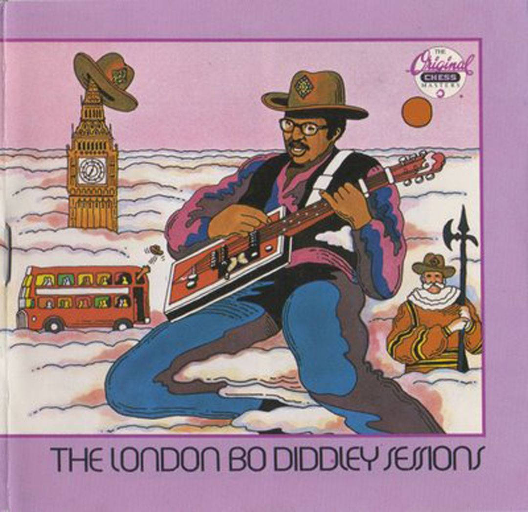 吉他動圖 桌布 壁紙 — 一幅充滿活力的插圖，描繪 Bo Diddley 在漂浮的倫敦地標（如大笨鐘和紅色巴士）中彈吉他。