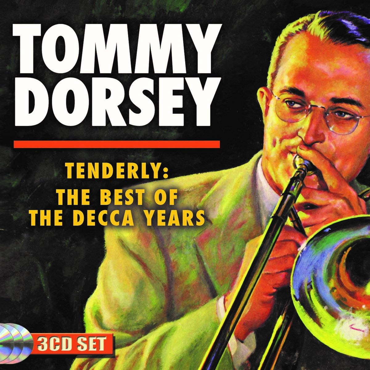 Musical Instrument 桌布 壁紙 — 一幅充滿活力的插圖，描繪Tommy Dorsey在深色背景下以鮮豔色彩和風格化燈光演奏長號。