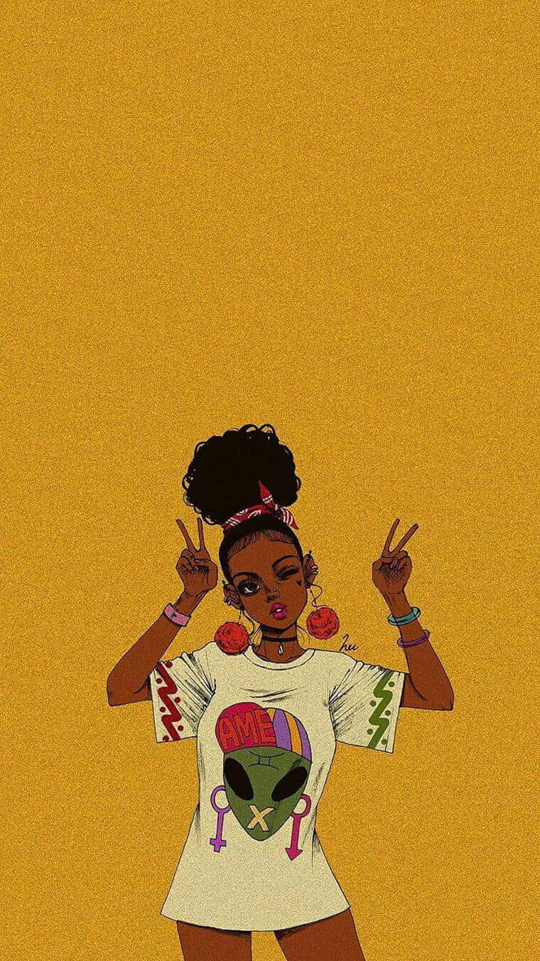 Black Girl Magic 桌布 壁紙 — 一幅充滿活力的插圖，描繪一位年輕女性留著非洲式髮型，比出和平手勢，身穿印有外星人圖案的T恤，背景為純芥末黃色。