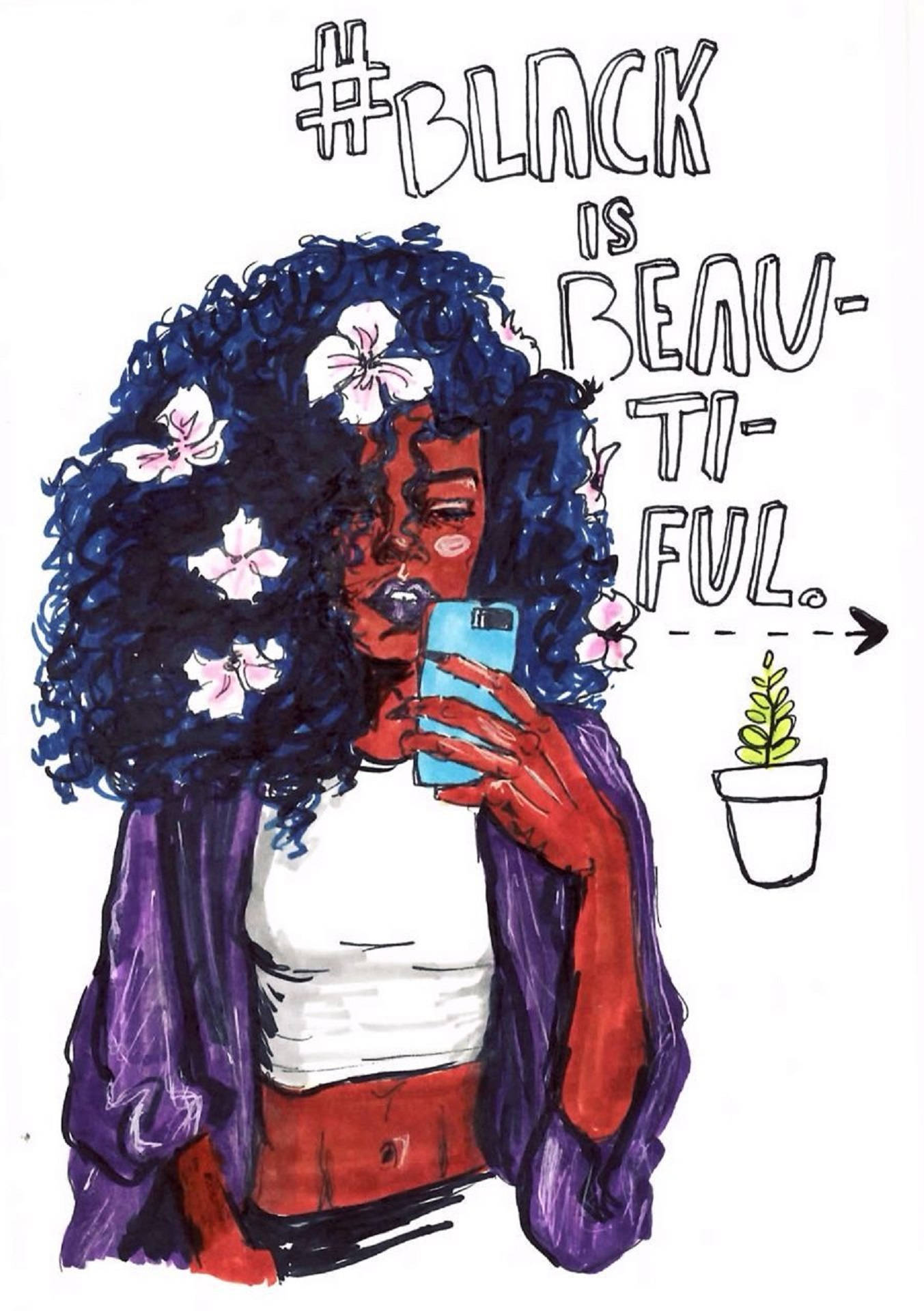 girls 桌布 壁紙 — 一幅充滿活力的插圖，描繪一位深色捲髮、頭戴花朵的女性，正用藍色手機自拍。