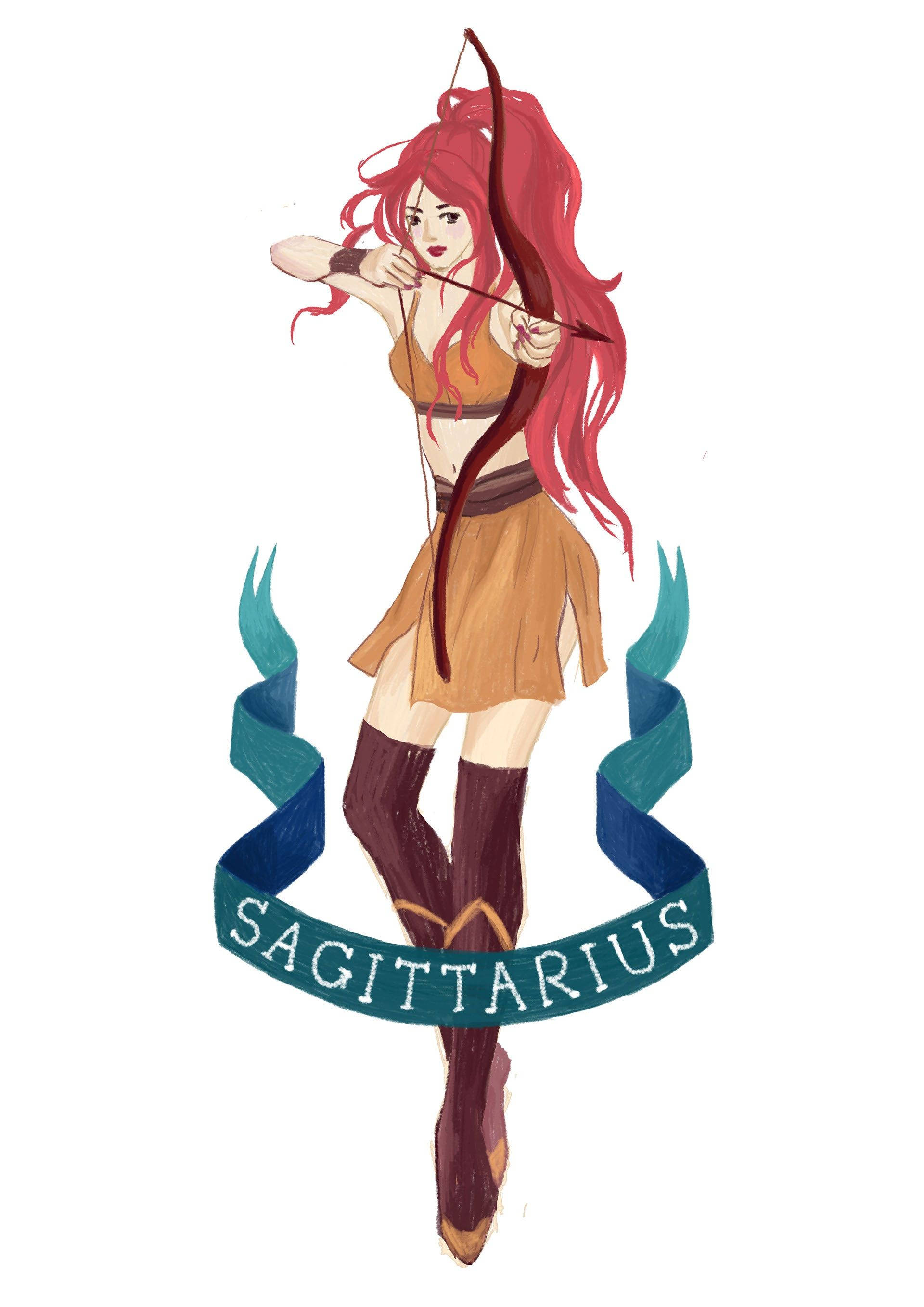 sagittarius 桌布 壁紙 — 一幅充滿活力的插圖，描繪一位紅髮弓箭手準備射箭，周圍環繞著一個青綠色橫幅，上面寫著Sagittarius。