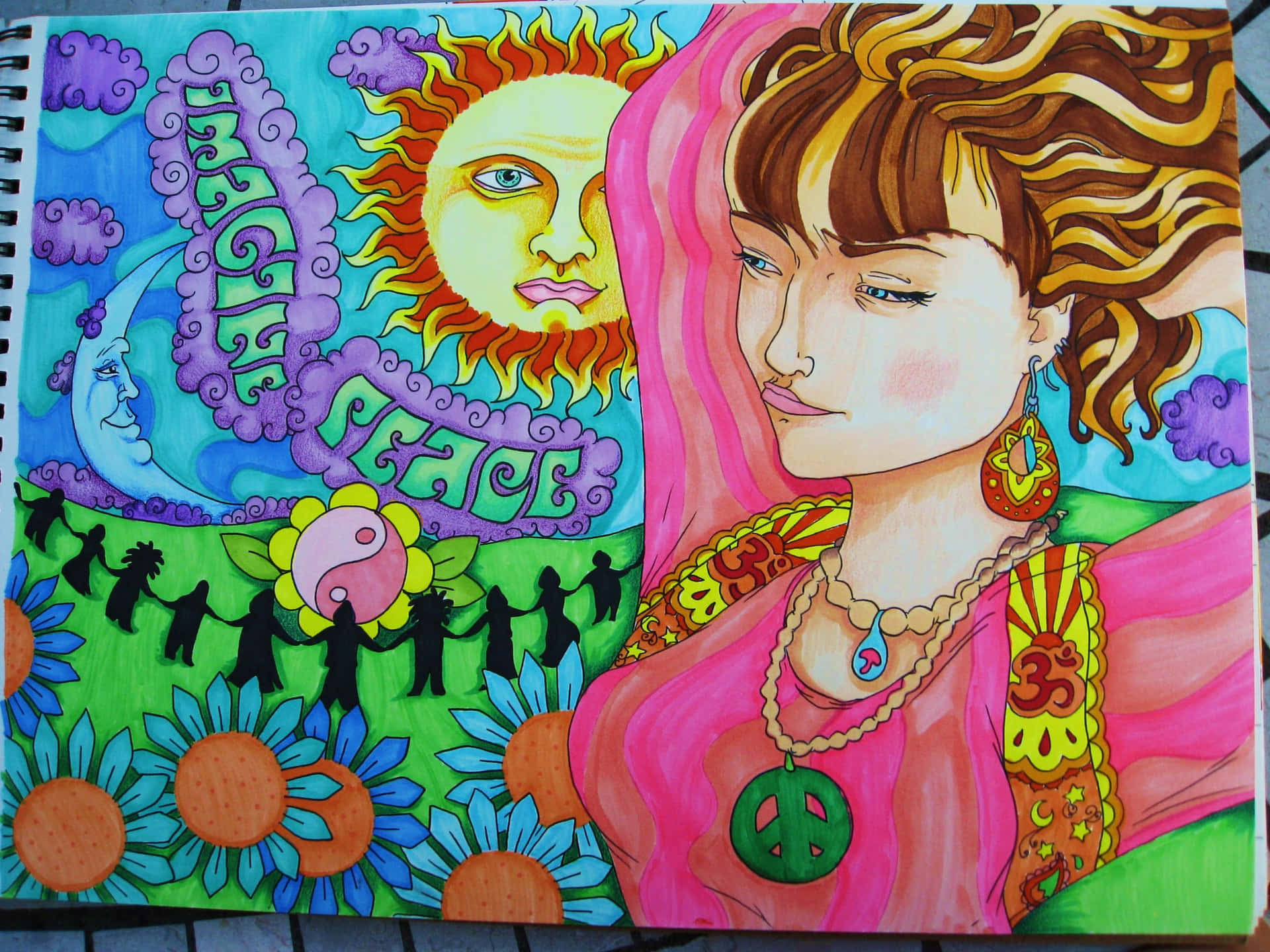 迷幻動圖 桌布 壁紙 — 一幅充滿活力的插圖，描繪一位身穿粉紅色的女性，帶有和平符號、微笑的太陽月亮和跳舞的剪影，採用迷幻色彩。