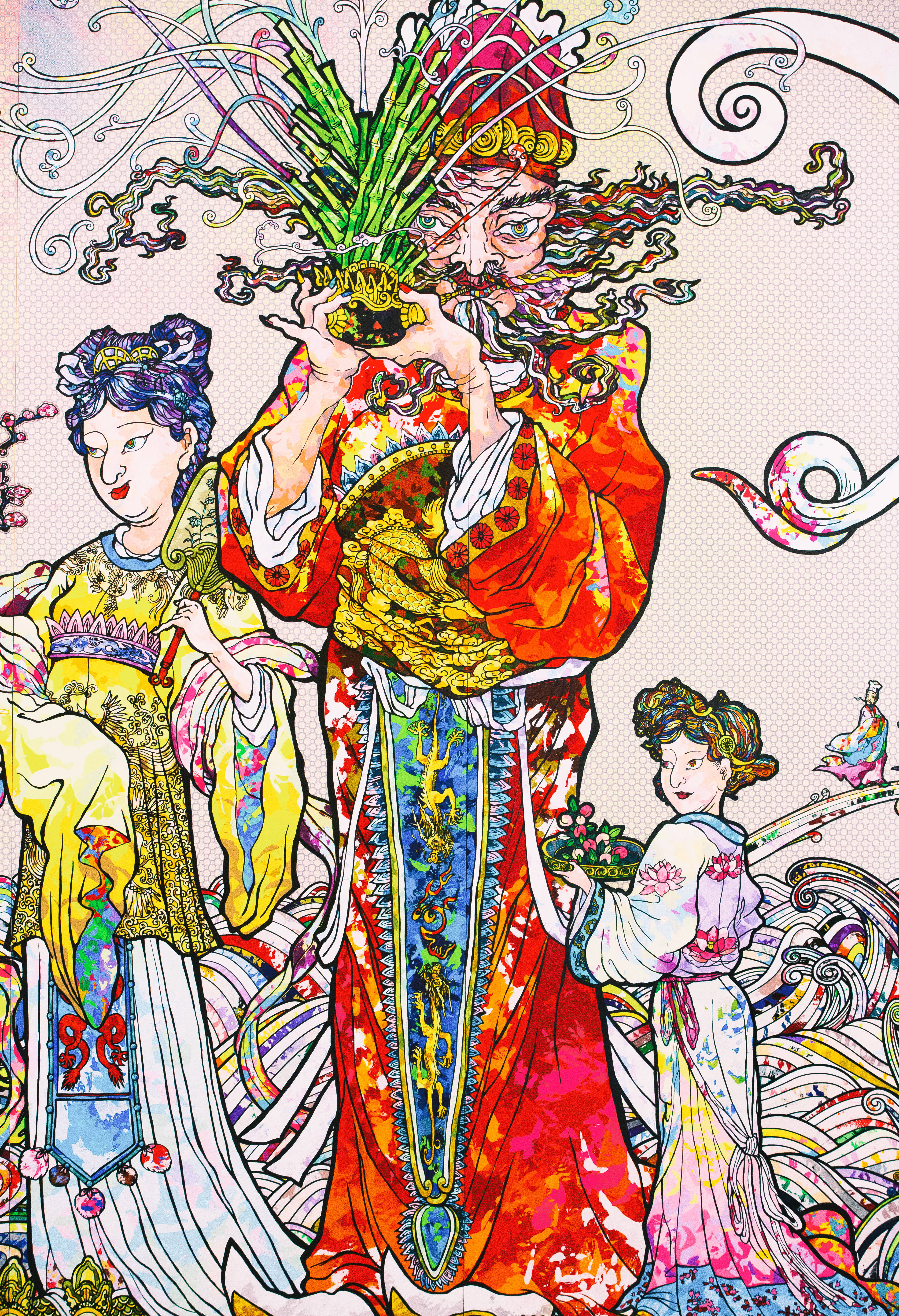 藝術 桌布 壁紙 — 一幅充滿活力的插圖，描繪一位身穿華麗紅袍的威嚴人物手持儀式用包裹，兩旁有兩位衣著優雅的侍從，周圍環繞著旋轉的裝飾圖案。