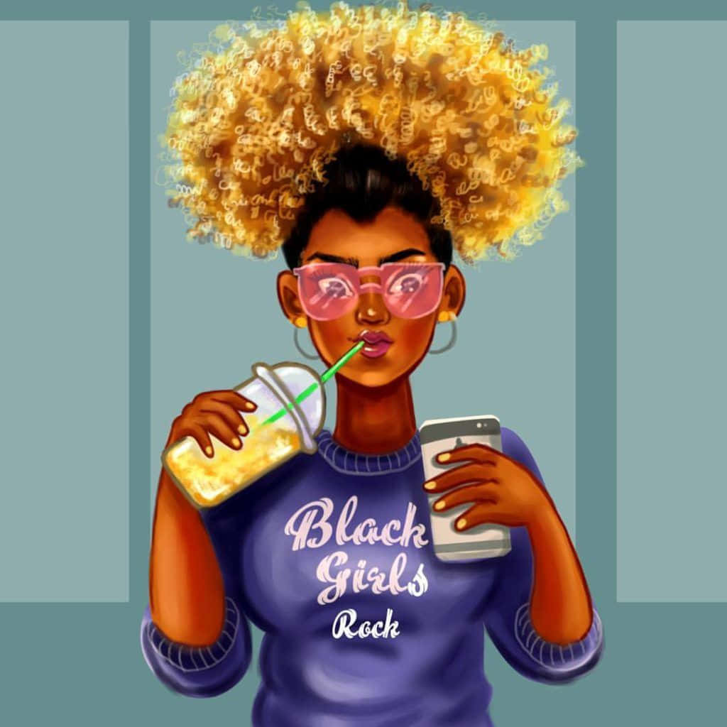 黑人女性 桌布 壁紙 — 一幅充滿活力的插圖，描繪一位金色爆炸頭的女性，一邊喝飲料一邊拿著手機。