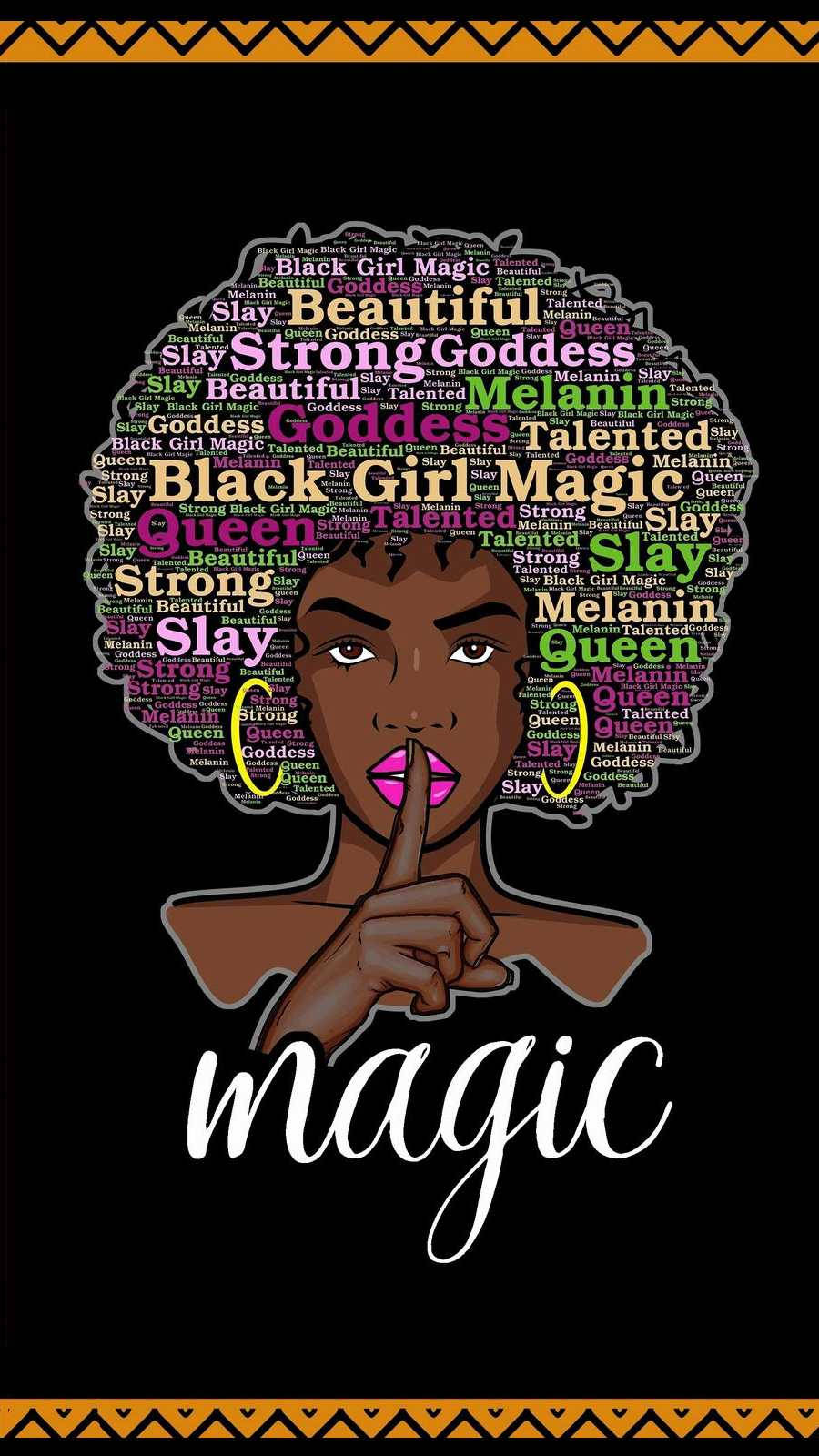 Black Girl 桌布 壁紙 — 一幅充滿活力的插圖，描繪一位黑人女性，其爆炸頭造型由詞雲構成，包含「Black Girl Magic」和「Slay」等賦權詞彙，背景為黑色。
