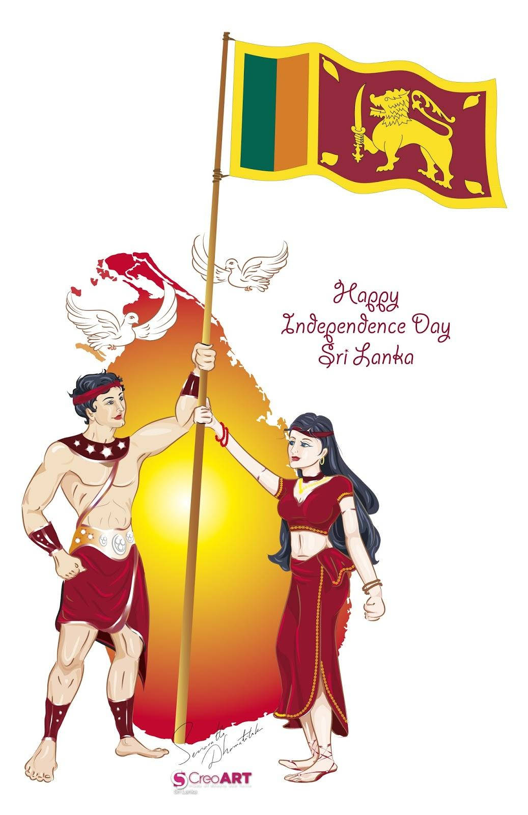 Independence 桌布 壁紙 — 一幅充滿活力的插圖，描繪一名男子和女子在光芒四射的金色背景上，與一隻白鴿一同升起斯里蘭卡國旗。
