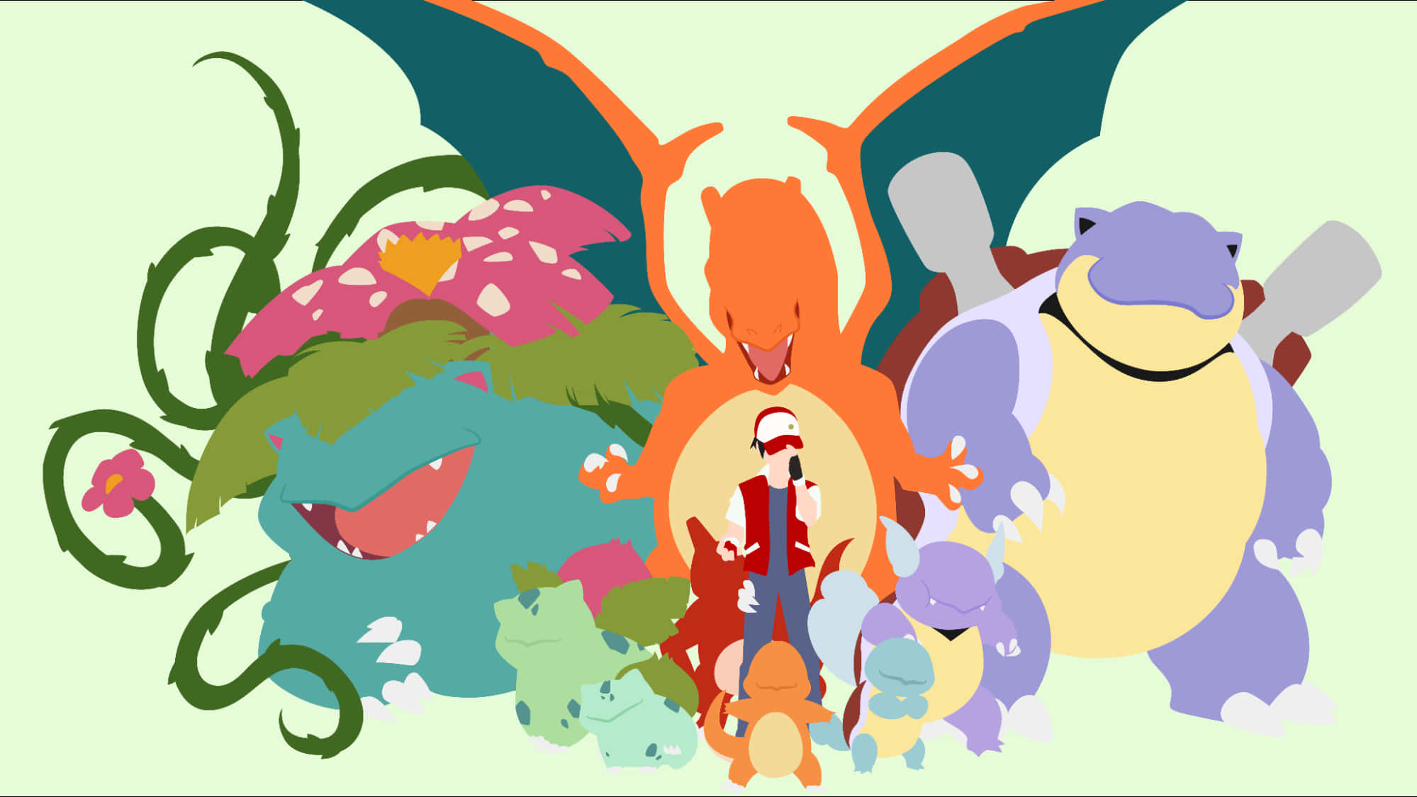 Charmander 桌布 壁紙 — 一幅充滿活力的插圖，描繪了一位寶可夢訓練家被像噴火龍、妙蛙花和水箭龜這樣的標誌性寶可夢包圍，在一個風格化、色彩繽紛的場景中。
