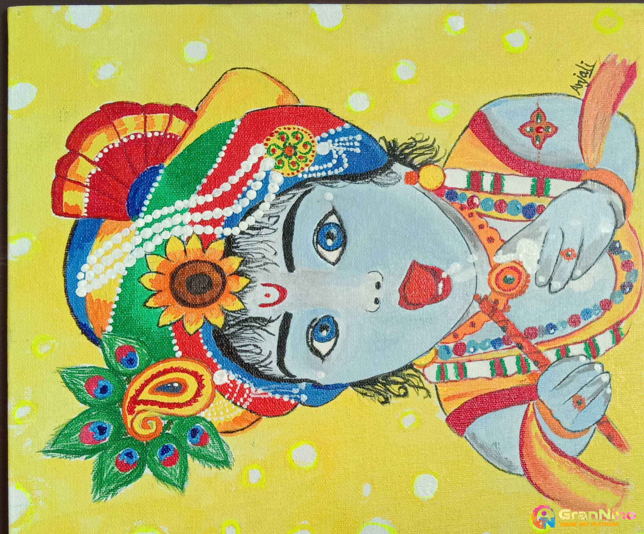 Beautiful Art 桌布 壁紙 — 一幅充滿活力的插圖，描繪了一位藍皮膚的神祇，飾以色彩繽紛的珠寶和向日葵頭飾，背景為黃色圓點。