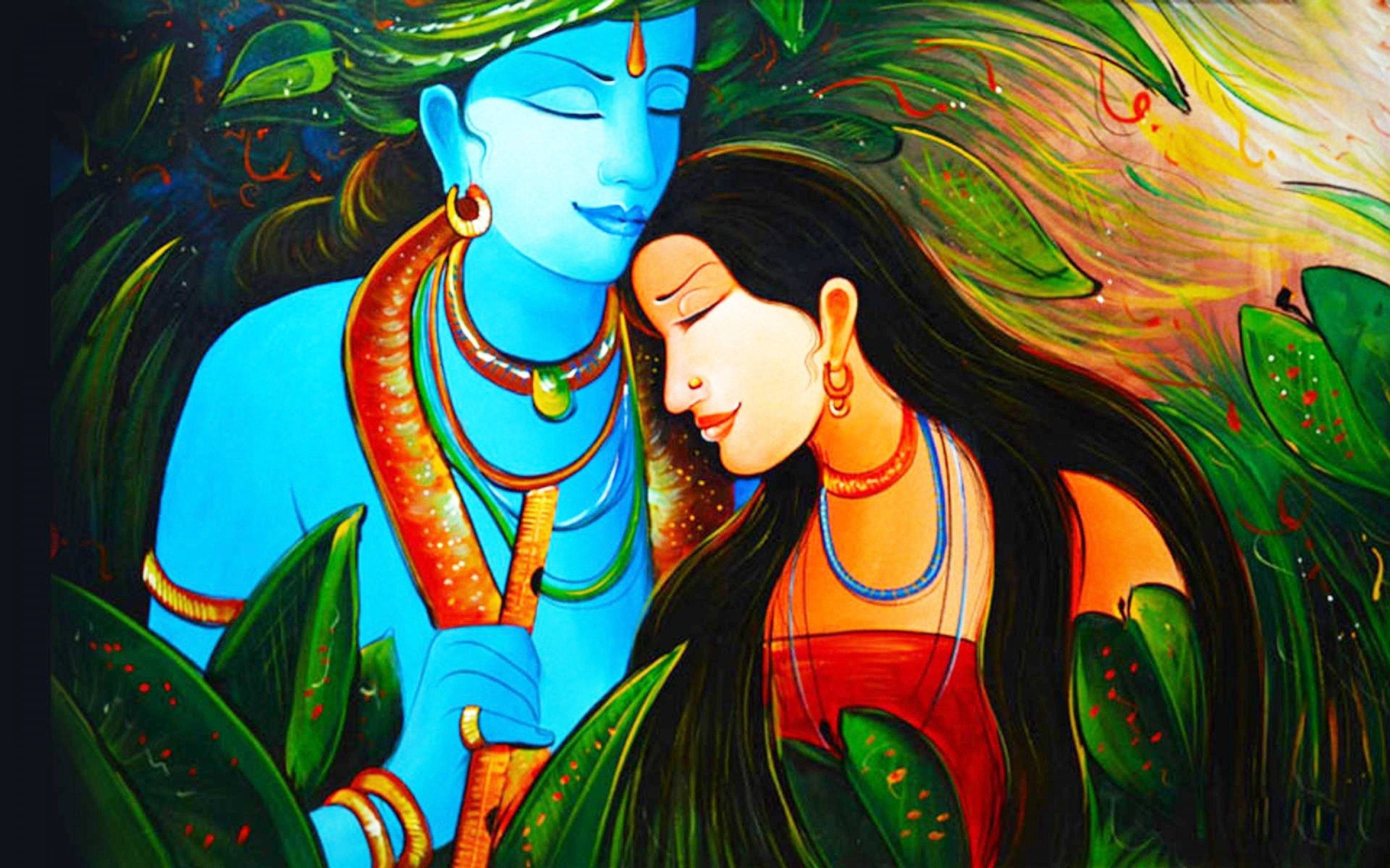 Krishna Desktop 桌布 壁紙 — 一幅充滿活力的插圖，描繪了一位藍皮膚的神祇和一位身穿紅衣的女子在茂密的綠葉中擁抱。