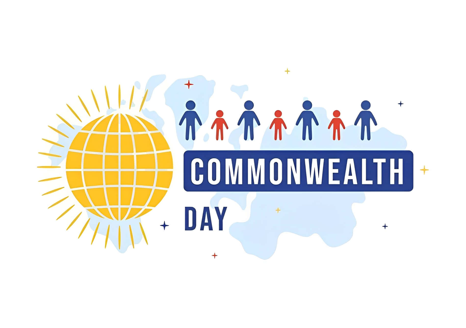 Commonwealth Day 桌布 壁紙 — 一幅充滿活力的插圖，描繪了一個帶有網格線的黃色地球儀，以及站在淺藍色世界地圖上的風格化人物，並帶有「COMMONWEALTH DAY」文字。