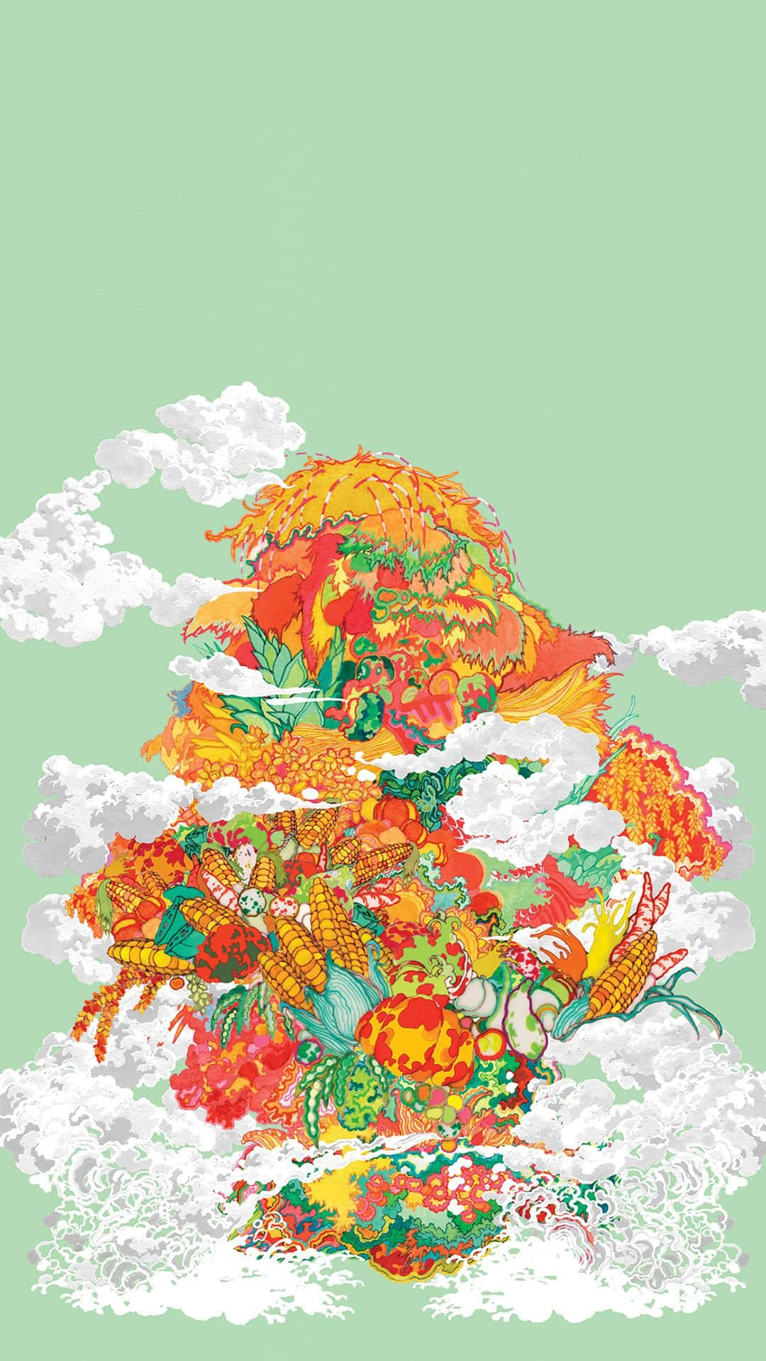 桌布 壁紙 — 一幅充滿活力的插圖，描繪了一座完全由色彩繽紛的水果和蔬菜組成的山，從雲層中升起，背景是薄荷綠的天空。