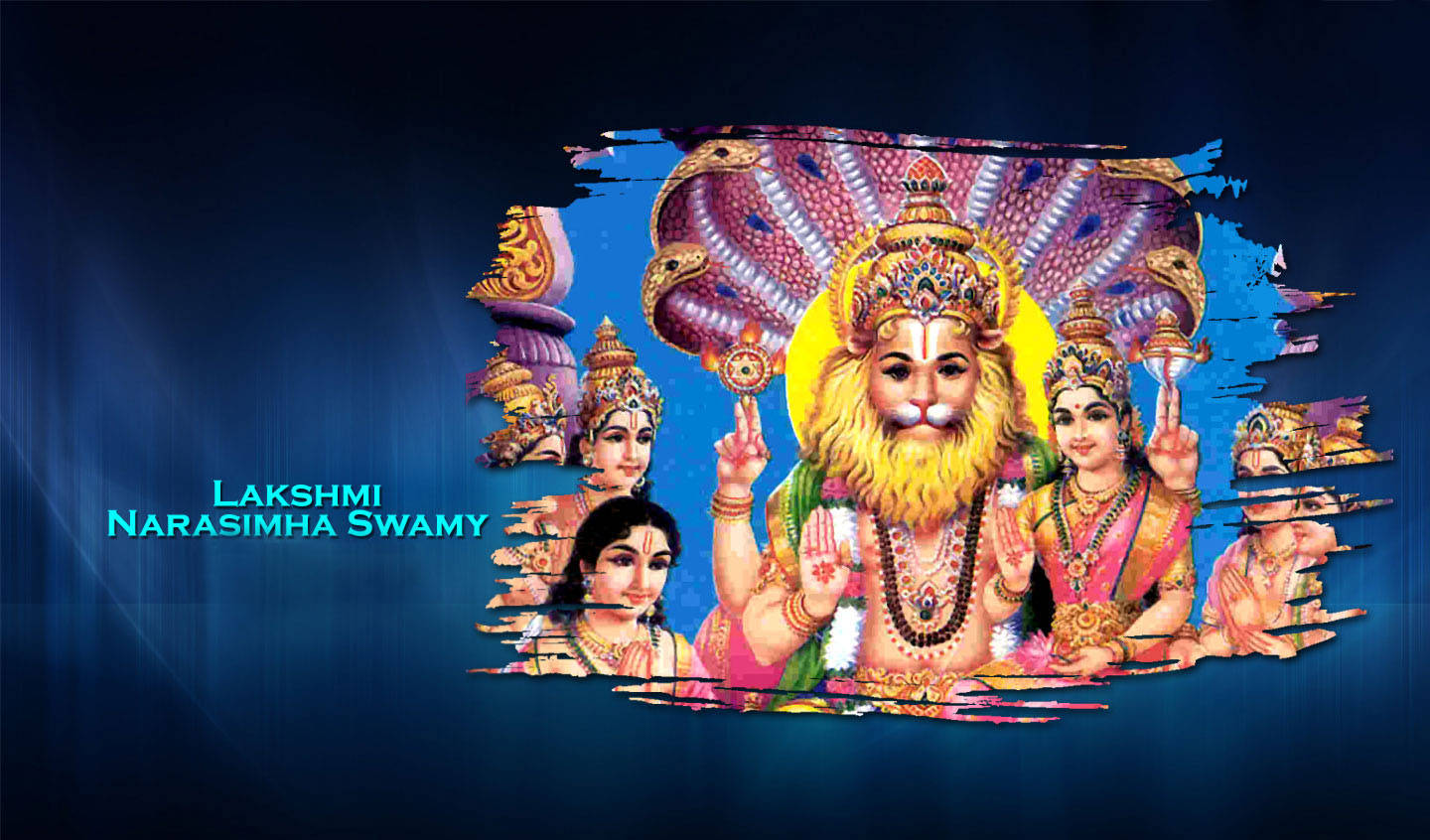 Lakshmi 桌布 壁紙 — 一幅充滿活力的插圖，描繪了主那羅辛哈與拉克什米和侍從，背景是深藍色，帶有燦爛的金色光環。