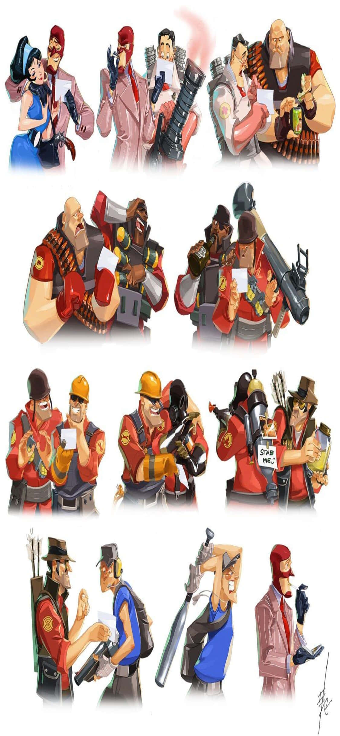 電玩遊戲 桌布 壁紙 — 一幅充滿活力的插圖，描繪了九個不同的《鬥陣特攻》角色，以動態姿勢手持武器，表情豐富。