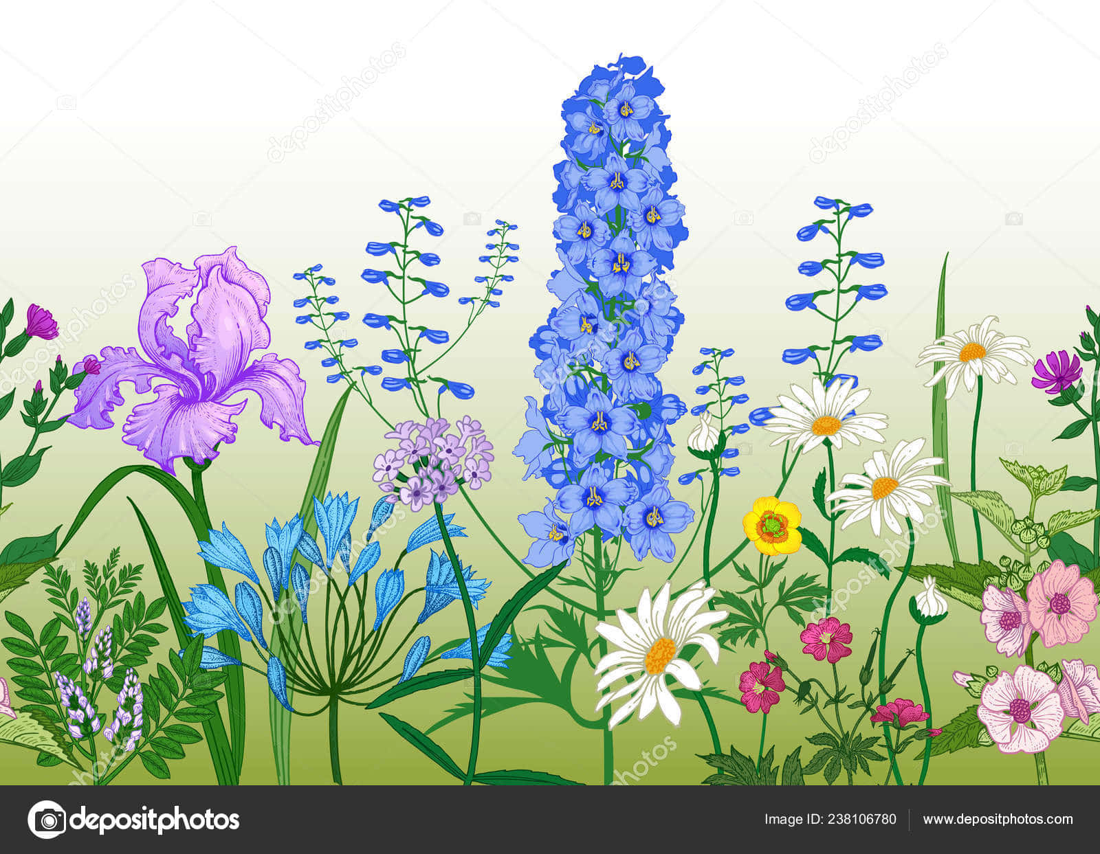 Flower Drawing 桌布 壁紙 — 一幅充滿活力的插圖，描繪了各種野花，包括紫色鳶尾花、藍色飛燕草和白色雛菊，在柔和的綠色漸變背景上盛開。