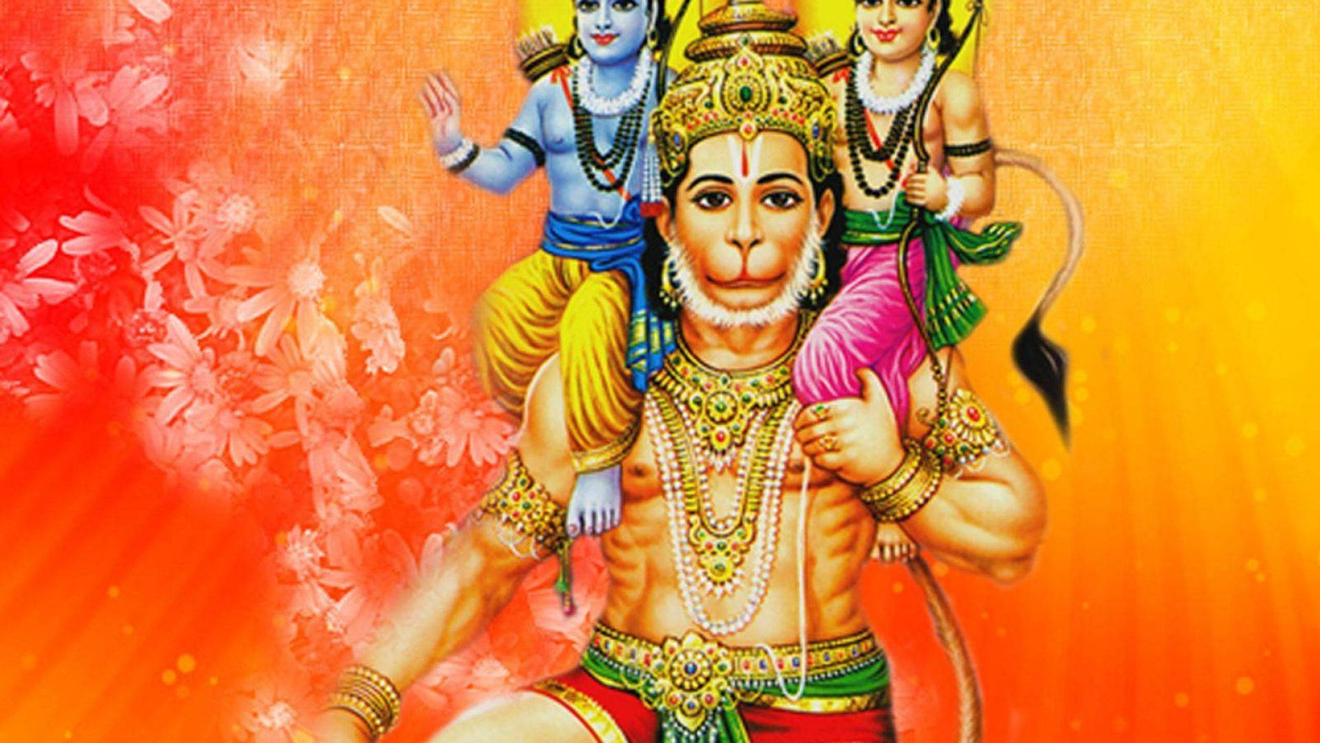 Hanuman 桌布 壁紙 — 一幅充滿活力的插圖，描繪了哈努曼神背負著克里希納神和羅摩神，背景是燦爛的橙色和紅色花卉圖案。