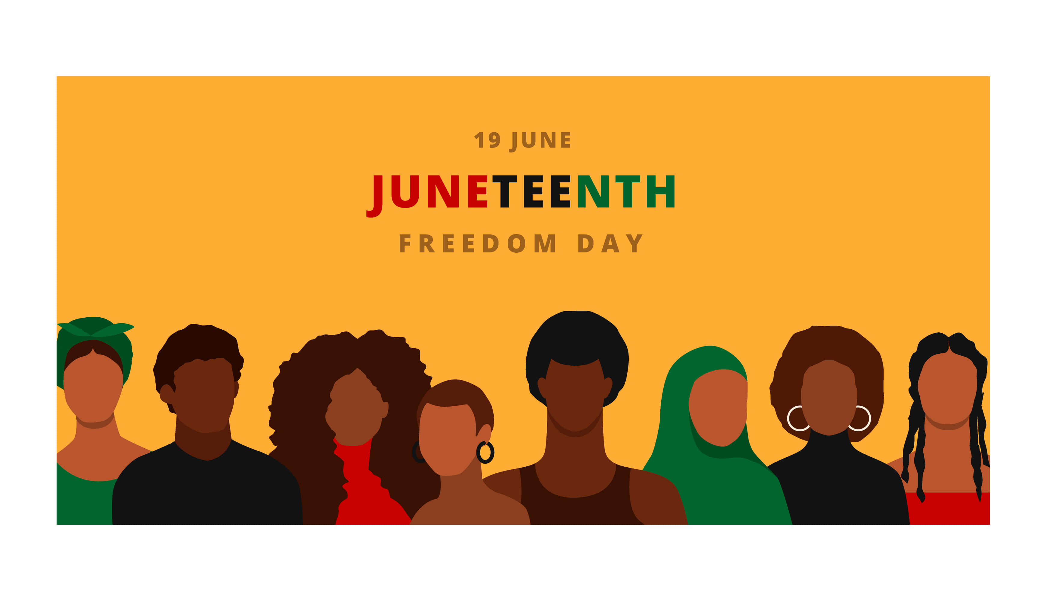 Juneteenth 桌布 壁紙 — 一幅充滿活力的插圖，描繪了多元化的黑人個體在鮮豔的橙色天空下站在一起，並帶有 'Juneteenth Freedom Day' 文字。