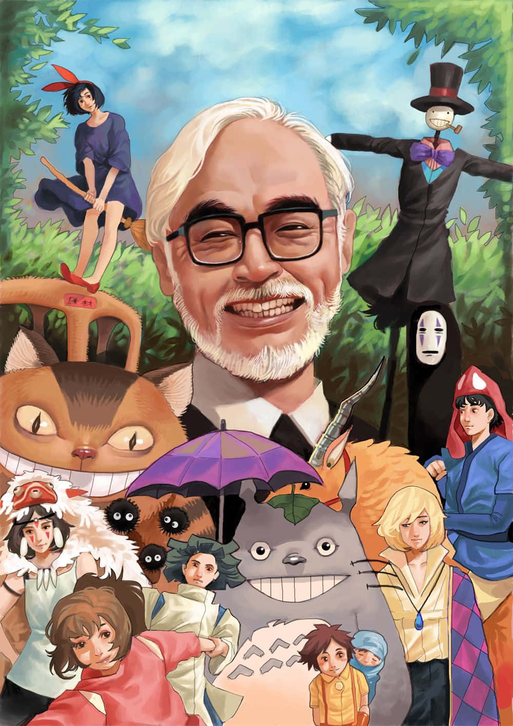 Hayao Miyazaki Movies 桌布 壁紙 — 一幅充滿活力的插圖，描繪了宮崎駿在茂密的綠色森林環境中被喜愛的吉卜力工作室角色包圍。