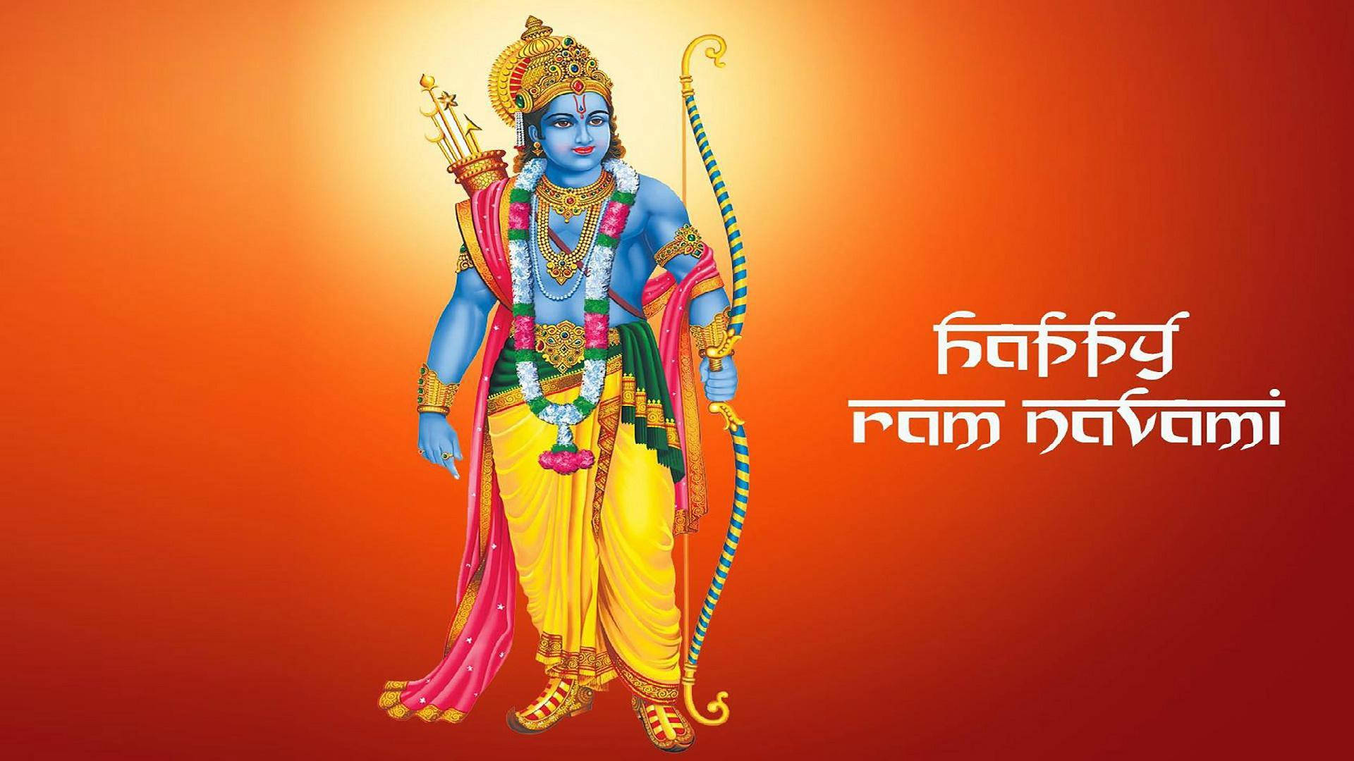 Hindu God 桌布 壁紙 — 一幅充滿活力的插圖，描繪了擁有皇家藍色皮膚的克里希納神，手持弓箭，背景是明亮的橙色漸變，並帶有印地語文字。