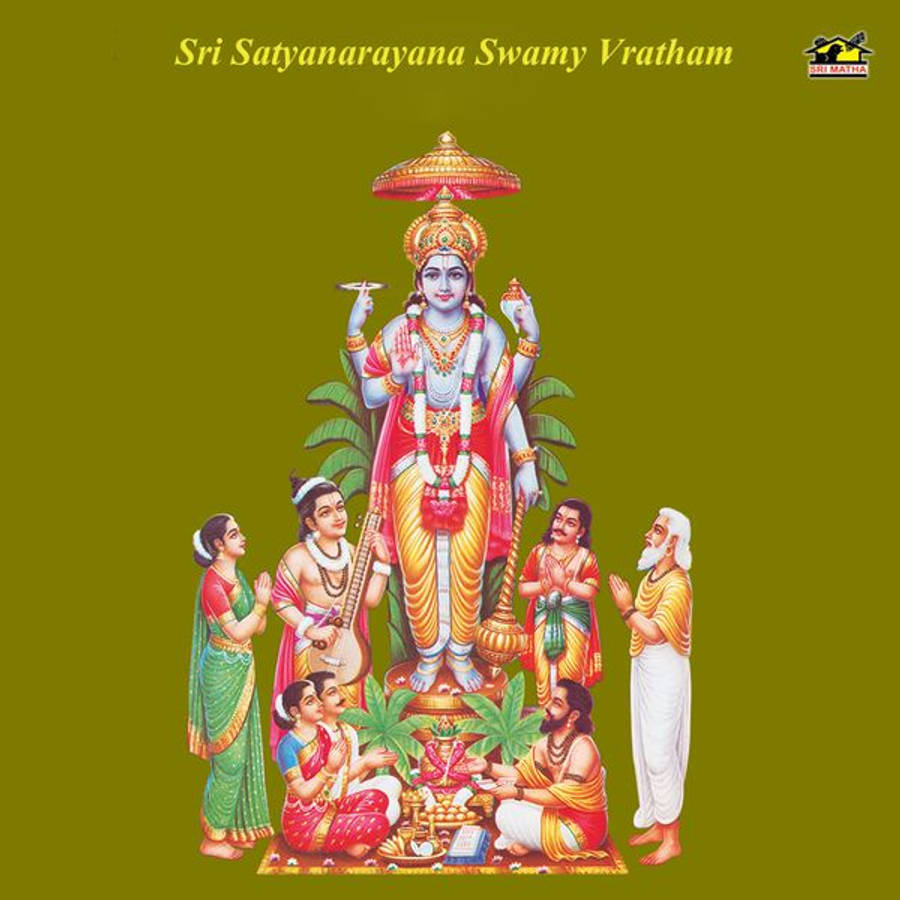 Satyanarayana Swamy 桌布 壁紙 — 一幅充滿活力的插圖，描繪了斯里·薩提亞納拉亞納·斯瓦米被信徒圍繞祈禱和供奉，背景為純橄欖綠色。