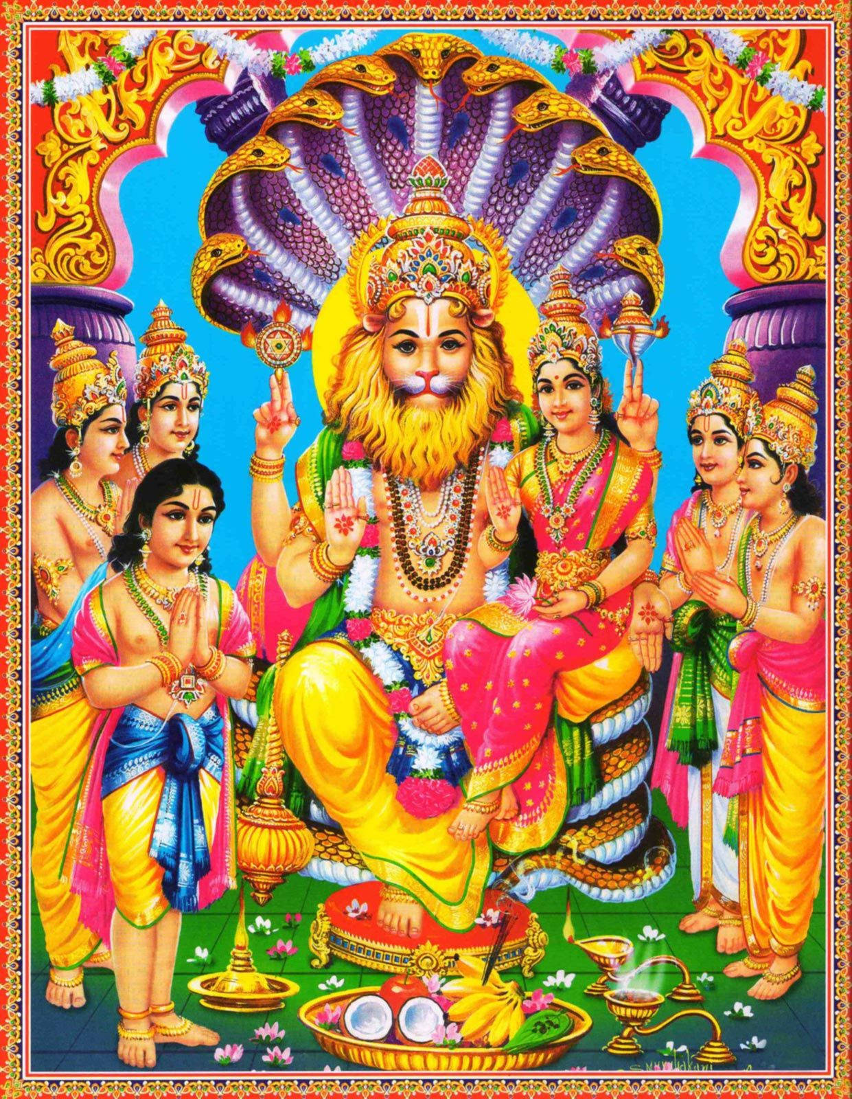 hindu iPhone 桌布 壁紙 — 一幅充滿活力的插圖，描繪了濕婆神威嚴地坐在一條紫色蛇上，周圍有穿著色彩繽紛傳統服飾的信徒。