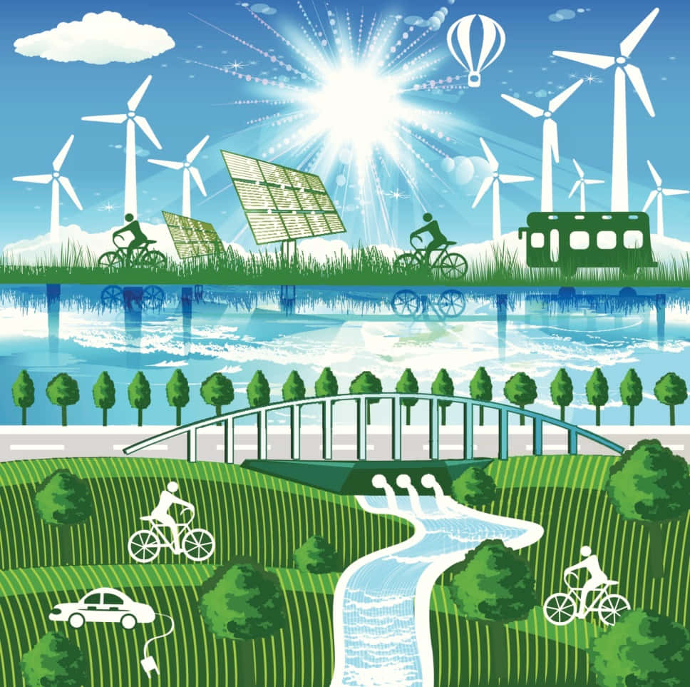Green Technology 桌布 壁紙 — 一幅充滿活力的插圖，描繪了綠色景觀，其中有騎自行車的人、太陽能板、風力渦輪機和一座橋樑，在明亮的陽光下。