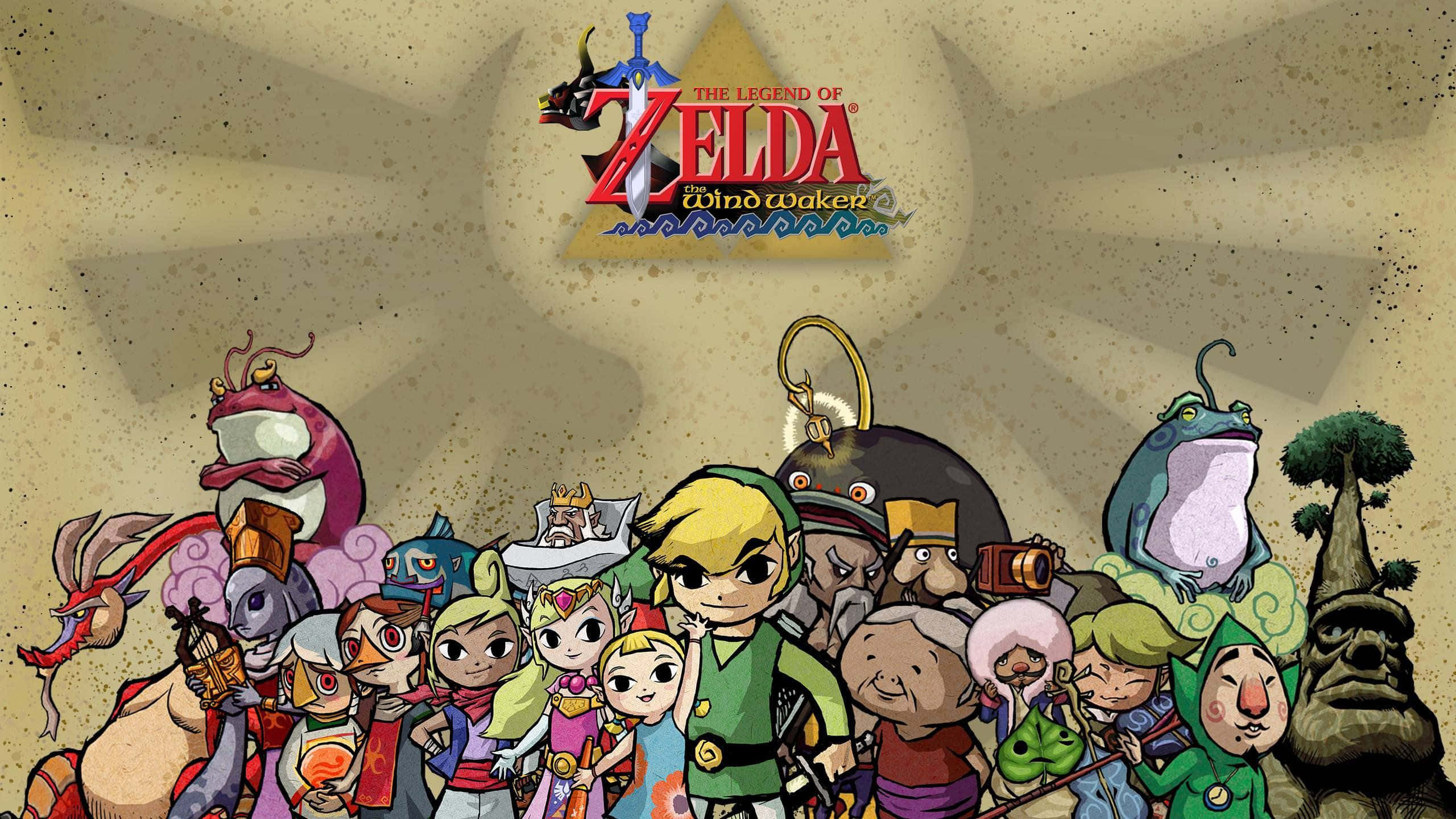 The Legend Of Zelda The Wind Waker 桌布 壁紙 — 一幅充滿活力的插圖，描繪了薩爾達傳說 風之律動的角色聚集在發光三角力量標誌下，背景為帶紋理的米色。