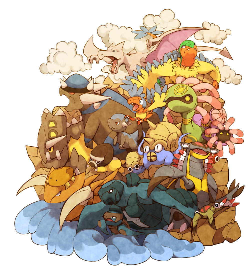 寶可夢 桌布 壁紙 — 一幅充滿活力的插圖，描繪了許多寶可夢角色堆疊在一起，形成一個動感、色彩繽紛的群體。