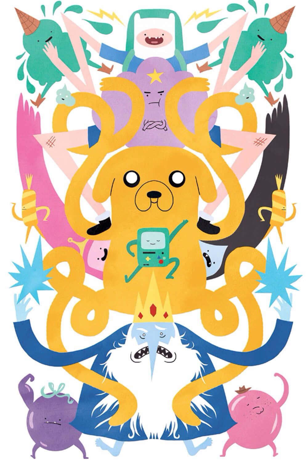 桌布 壁紙 — 一幅充滿活力的插圖，描繪了阿寶狗被探險活寶角色包圍在動感、色彩繽紛的構圖中。