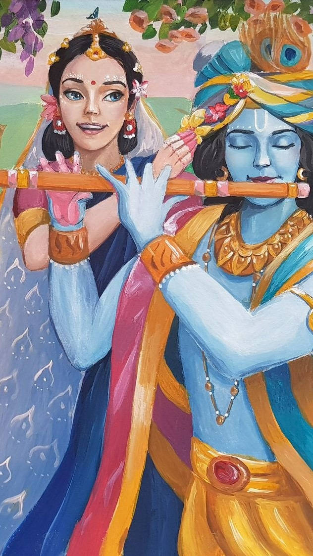 拉達克里希納 桌布 壁紙 — 一幅充滿活力的插圖，描繪克里希納吹奏笛子，而拉達在盛開的花朵下帶著溫柔的微笑聆聽。