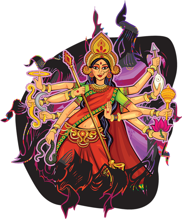 Durga 桌布 壁紙 — 一幅充滿活力的插圖，描繪印度教女神杜爾迦（Durga）擁有十臂，手持武器和蓮花，背景為黑暗的宇宙。