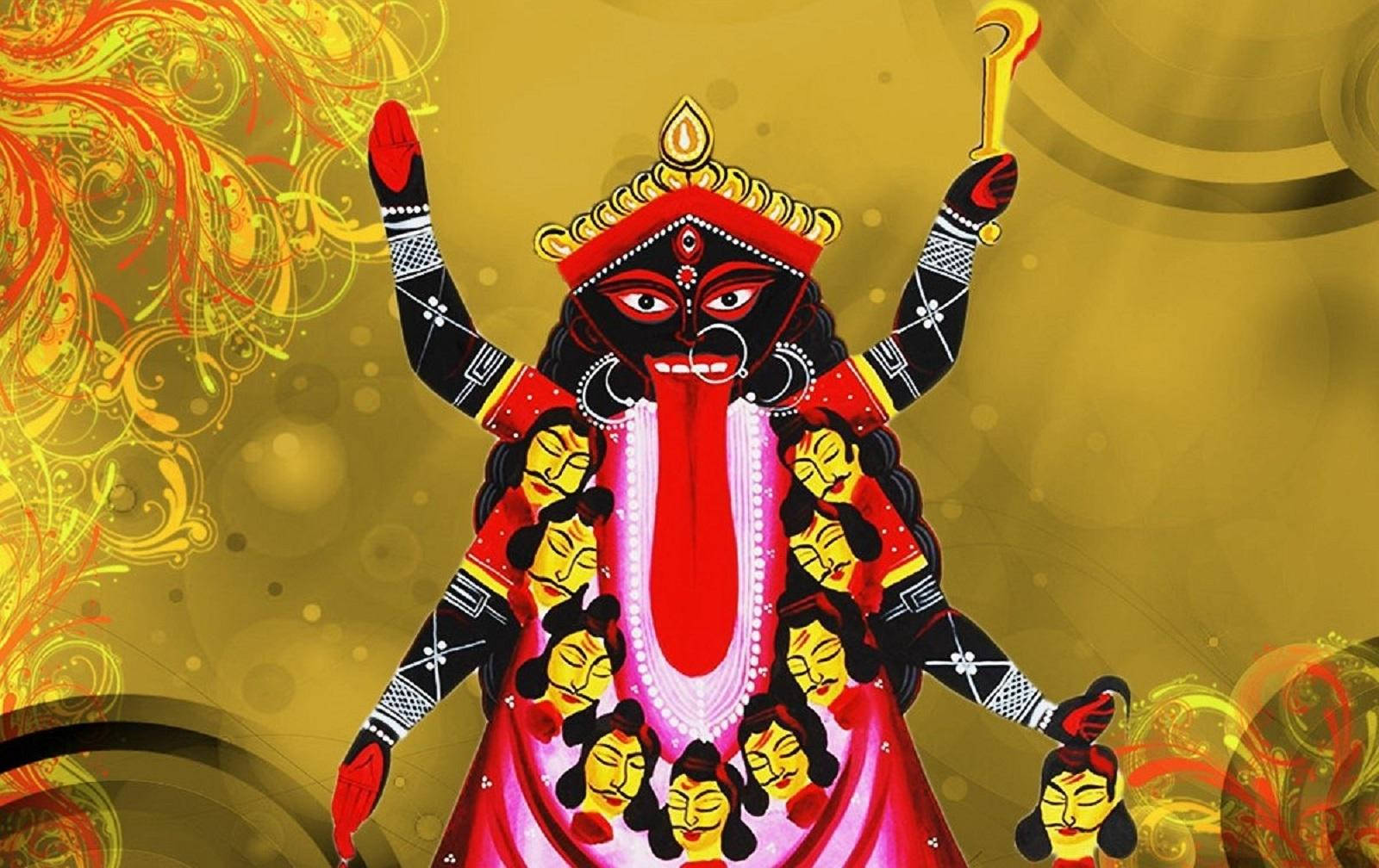Maa Kali 桌布 壁紙 — 一幅充滿活力的插圖，描繪印度教女神杜爾迦（Durga）在多臂多面的形態下，於金色漩渦背景中散發力量。