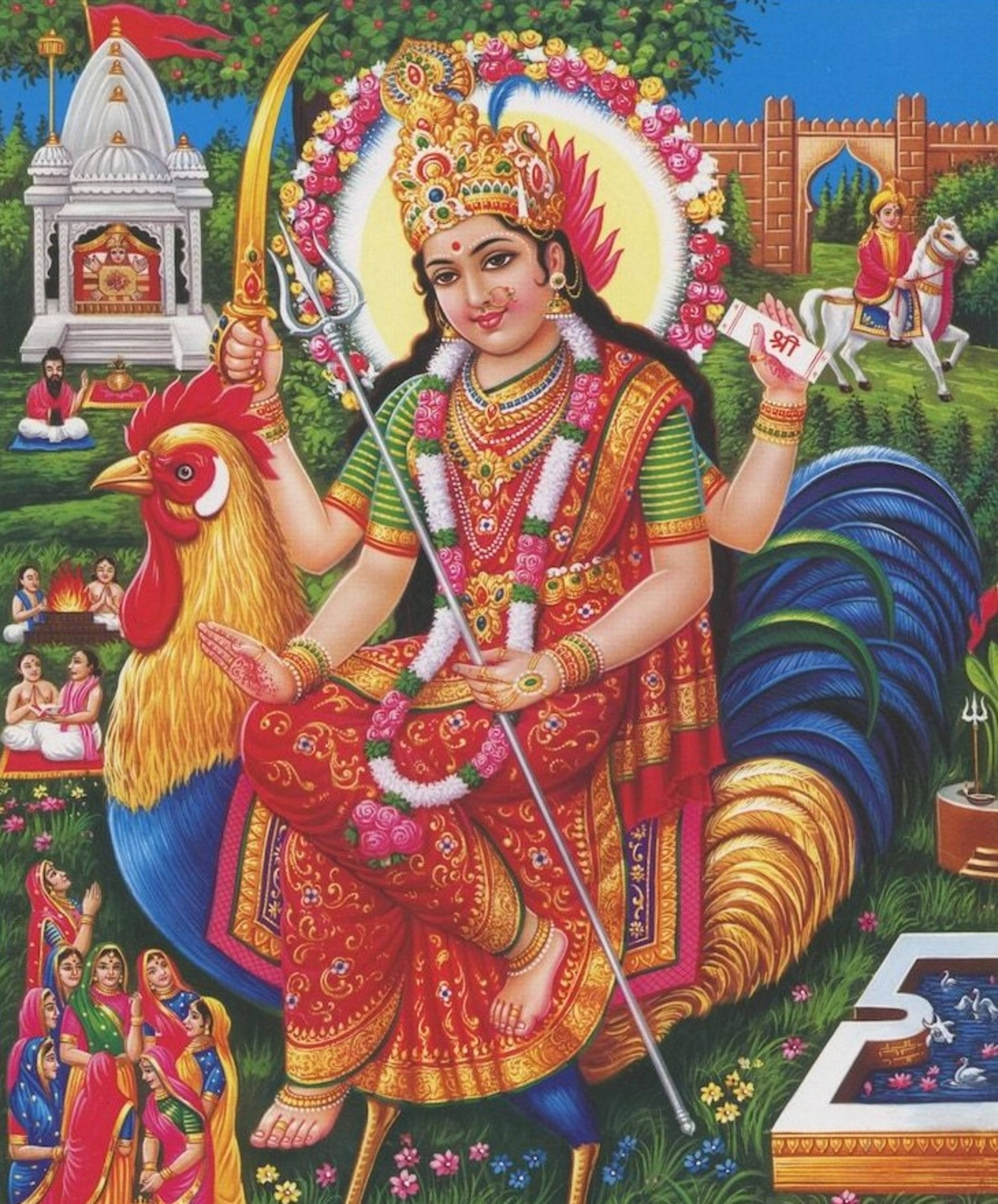hindu iPhone 桌布 壁紙 — 一幅充滿活力的插圖，描繪印度教女神杜爾迦騎著藍色公雞，手持金色劍和弓，周圍有信徒和寺廟景色。