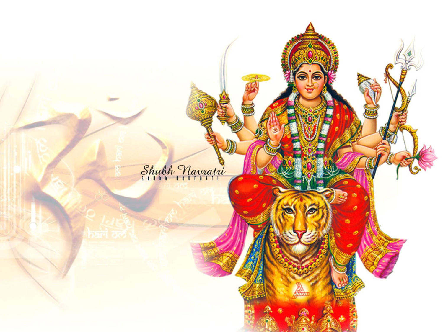 Indian 桌布 壁紙 — 一幅充滿活力的插圖，描繪印度教女神杜爾迦（Durga）多臂騎虎，手持武器和蓮花，以紅色和金色裝飾。