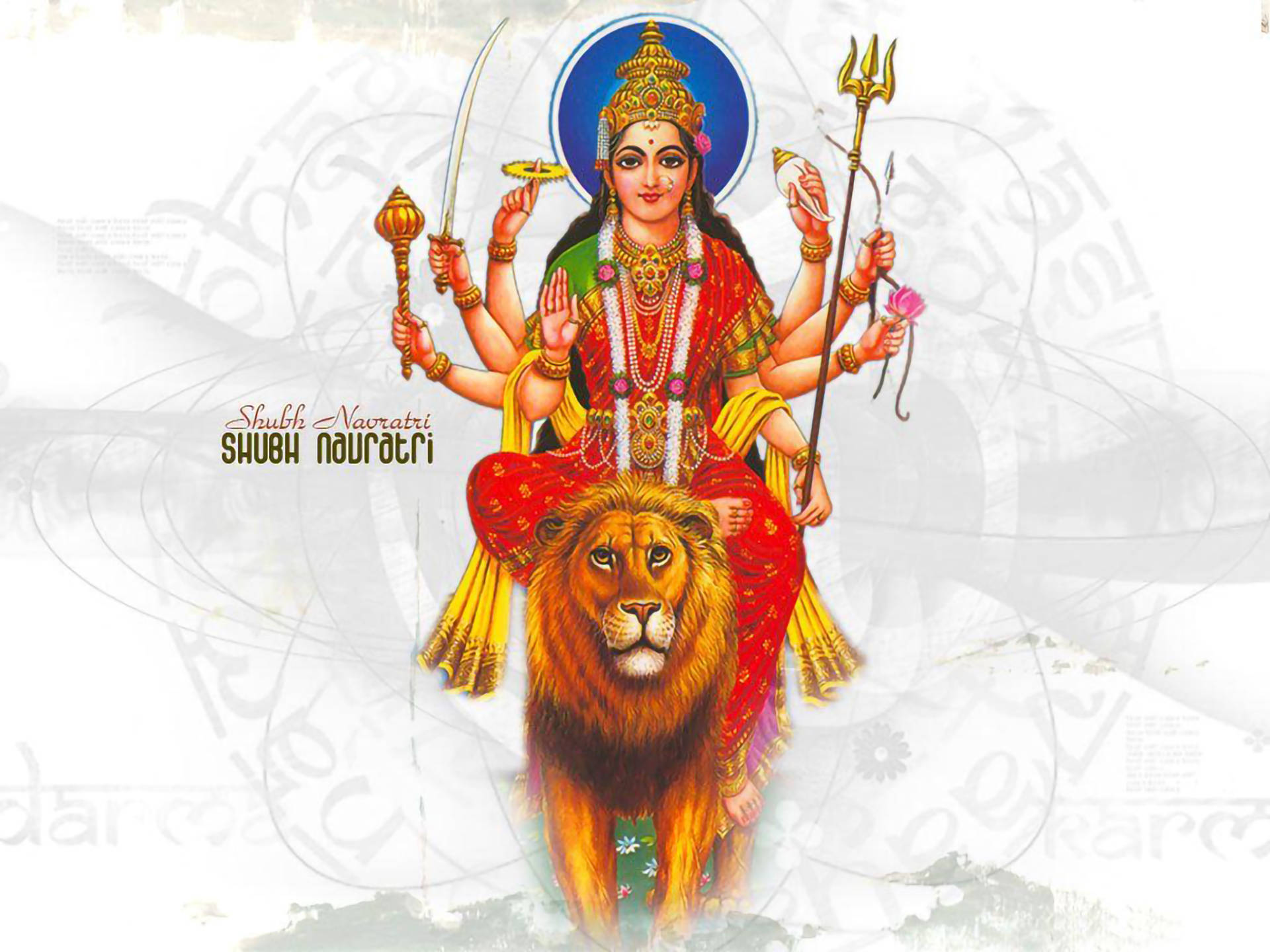 Mata Rani 桌布 壁紙 — 一幅充滿活力的插圖，描繪印度教女神杜爾迦（Durga）多臂揮舞武器，騎著一頭威嚴的獅子。